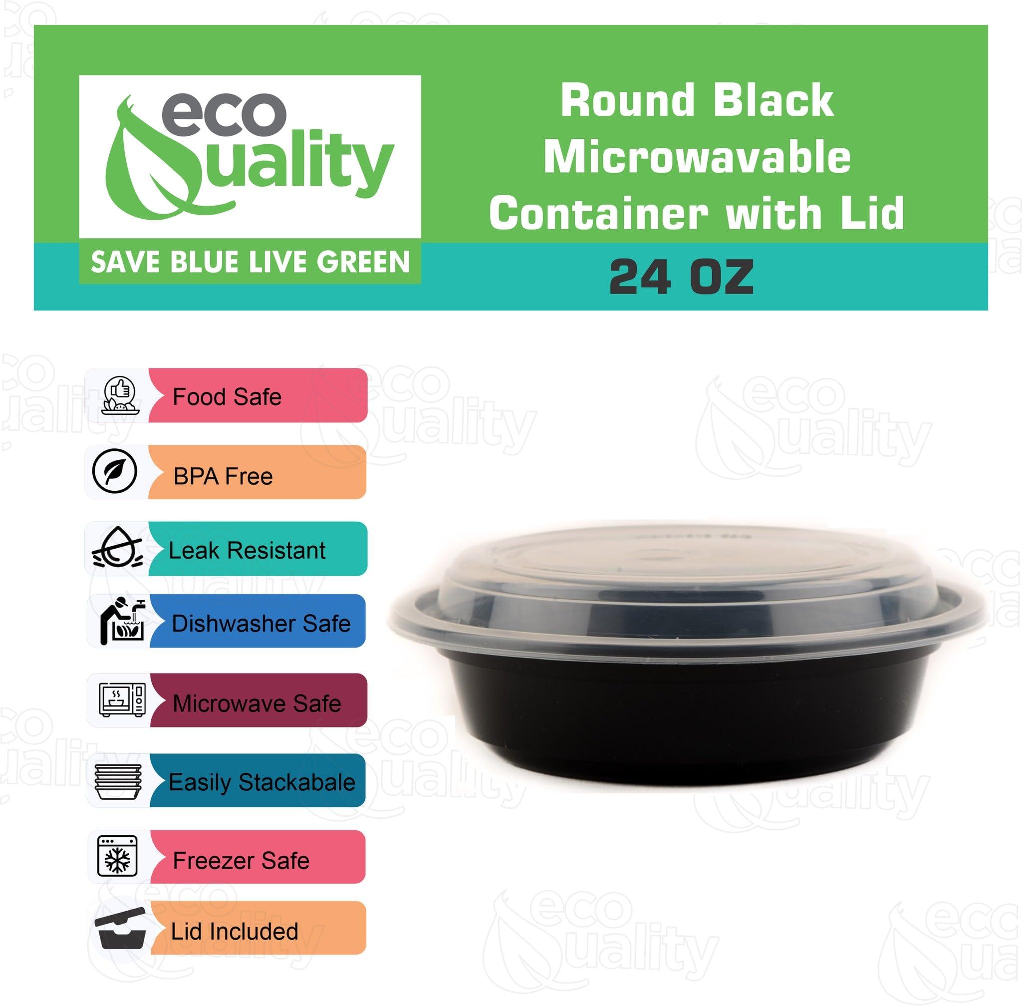 EcoQuality 24 oz Plastic Meal Prep Containers with Lids - Round Food Storage Container Microwave Safe - BPA-Free, Stackable, Reusable, Dishwasher, Freezer Safe, Disposable (Black) (300)