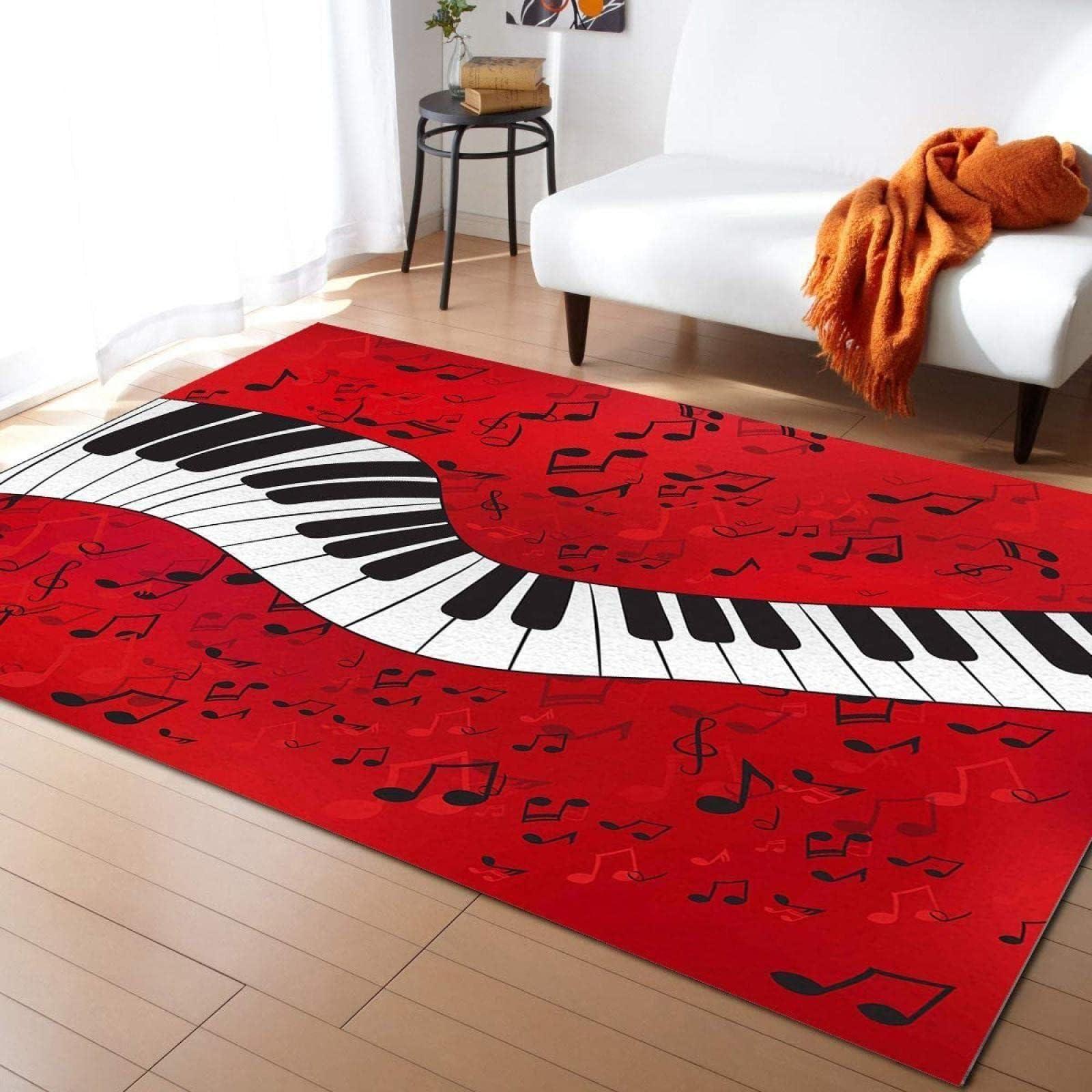 MLWC Red Music Lover Area Rug, Black White Piano Keys Decorative Rug, Easy Clean Carpet with Anti-Slip Backing for Bedroom Living Room Dining Room Office 3ftx5ft