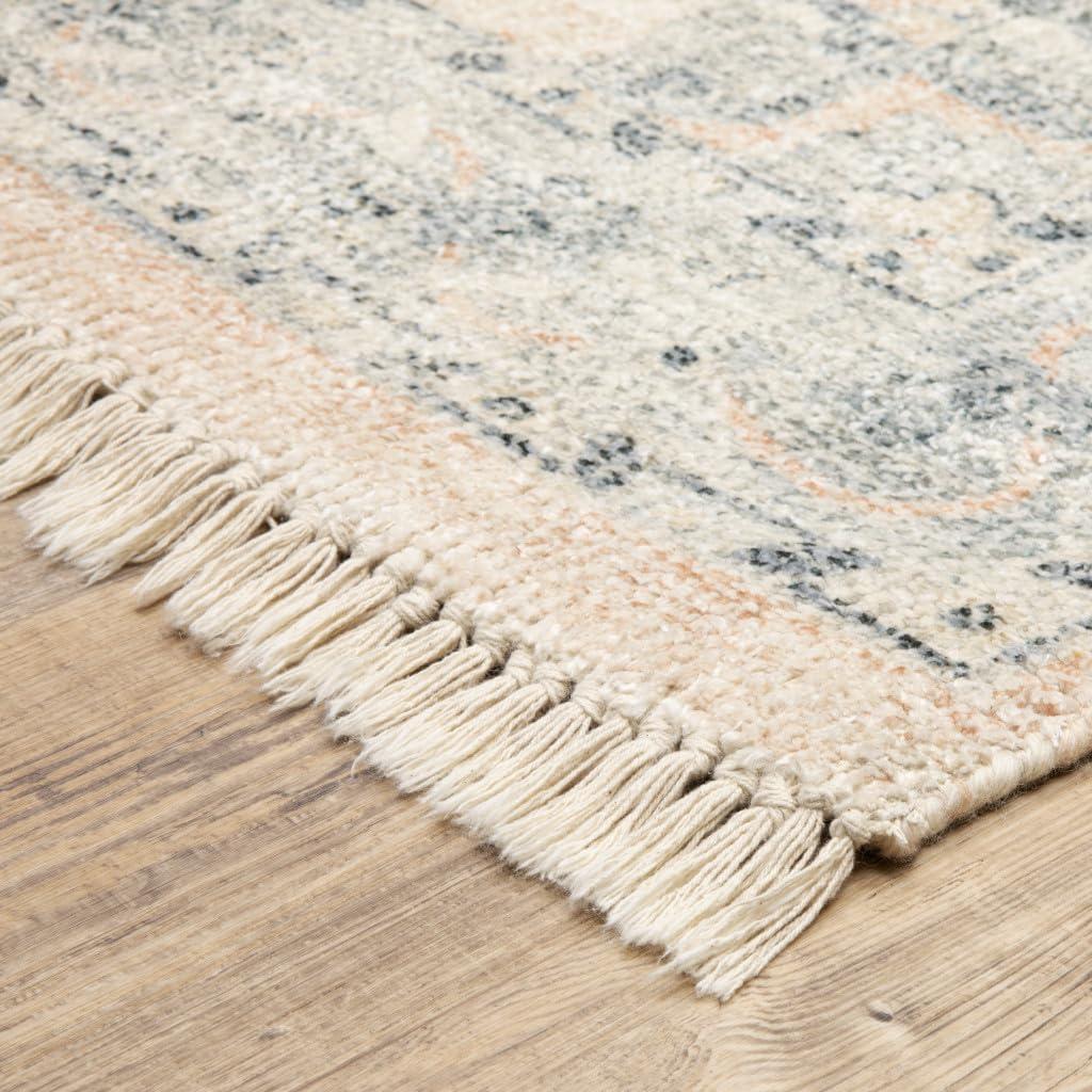 HomeRoots 10' X 13' Beige and Grey Oriental Hand Loomed Stain Resistant Area Rug with Fringe
