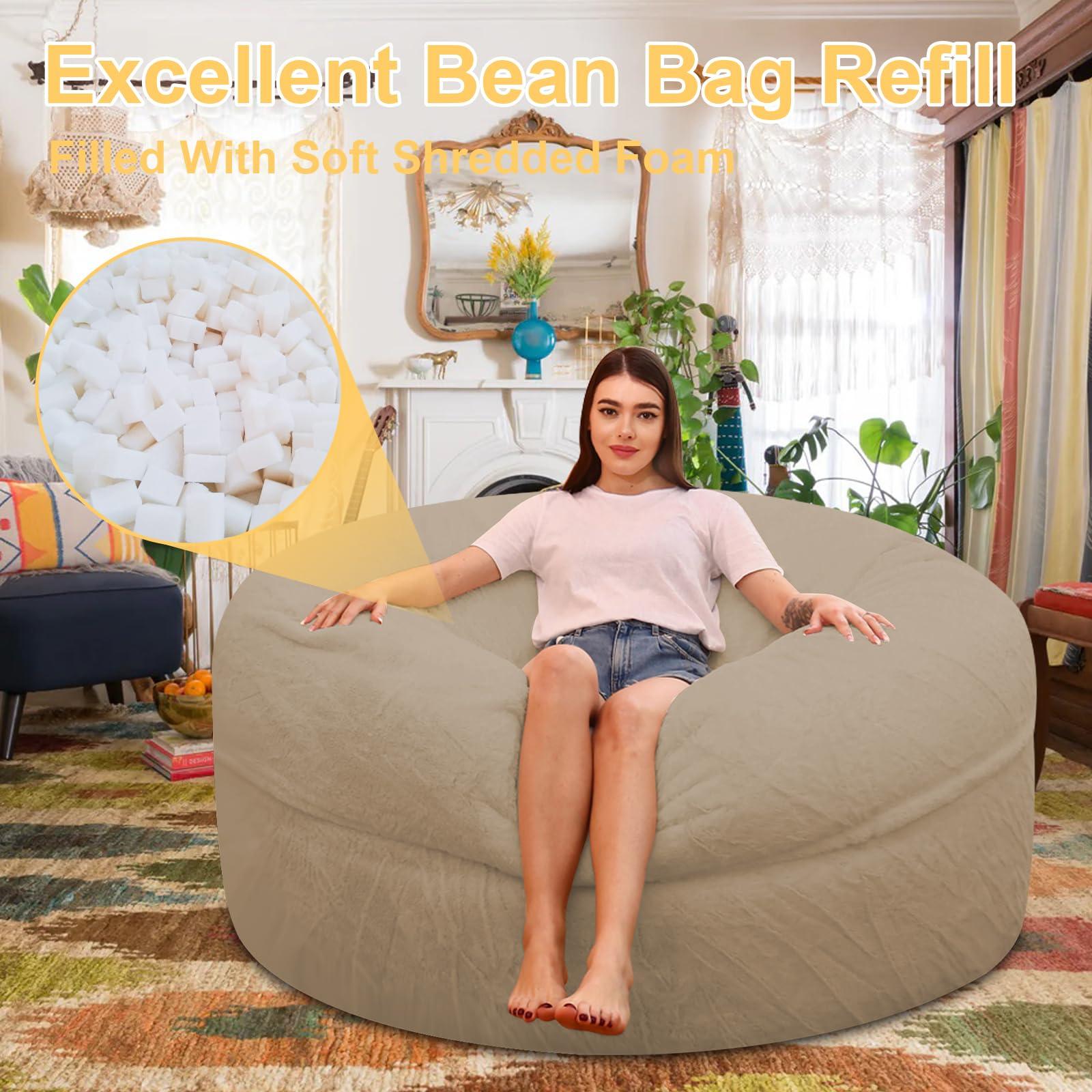 JZGYDD Bean Bag Chair with Filler, Giant Memory Foam Bean Bag Chair, Comfy Bean Bag Chair for Adults/Teens Round bean bag fluffy for Living Room Bedroom (light khaki,5ft)