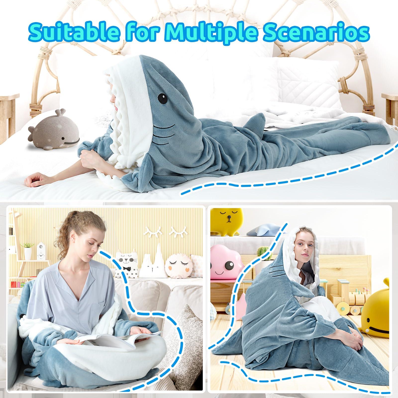 Touchat Touchat Shark Blanket Hoodie Onesie, Wearable Blanket Hoodie Adult, Warm Flannel Throw Blanket Shark Tail Sleeping Bag, Cartoon Costume Shark Onesie Funny Gifts for Adults (Blue, XL)