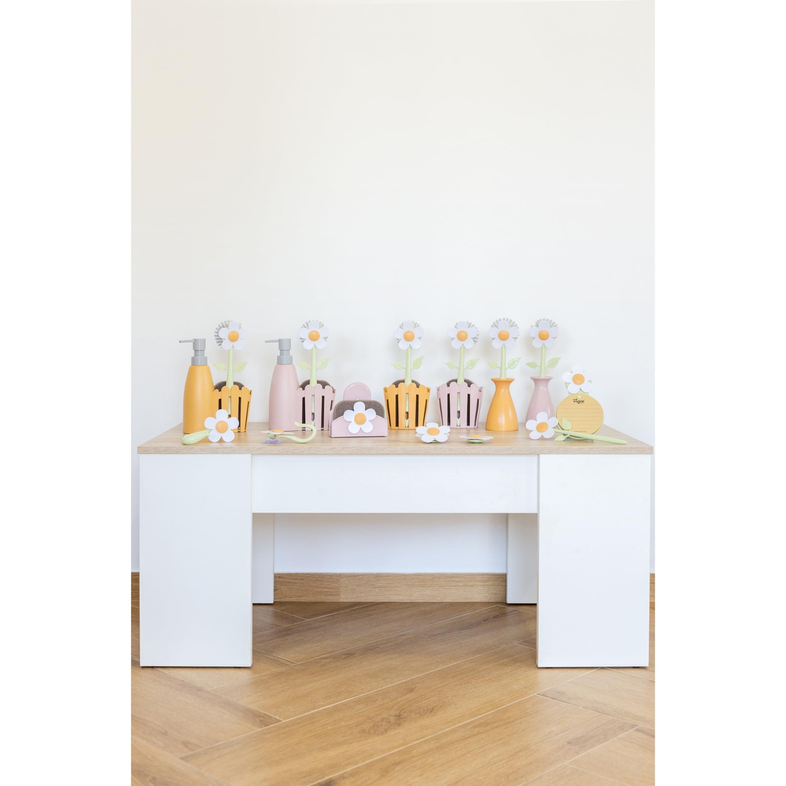 Vigar Vigar Florganic Daisy-Shaped Dish Brush with Vase Dish Brush Holder, Dish Brush with Handle, for Pot Scrubber, Kitchen Dishes, and Sink Cleaning, Orange