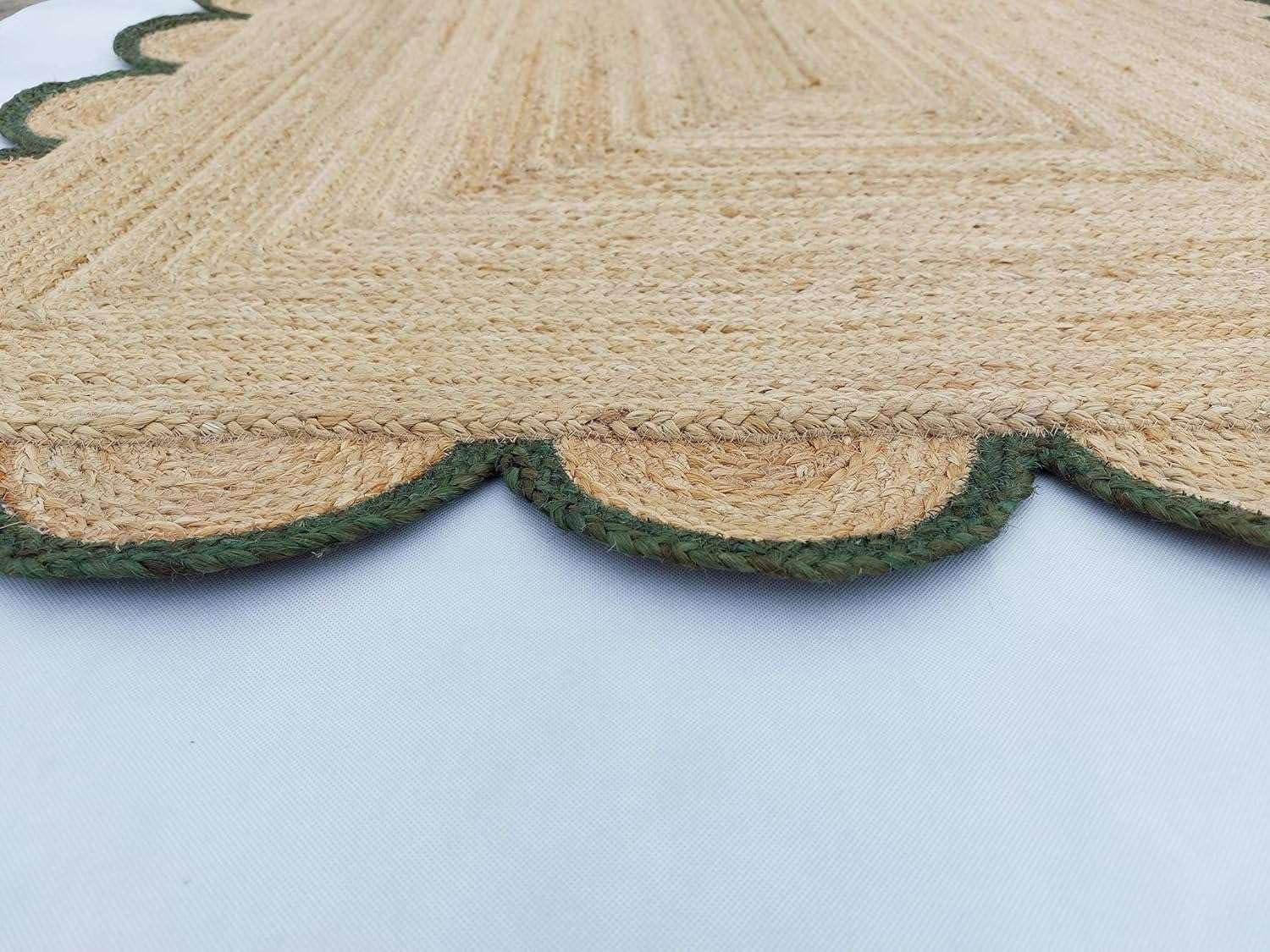 MORVEE MORVEE Area Rug 2.6x18 Jute Scalloped Natural (Green, 2'6" x 18')