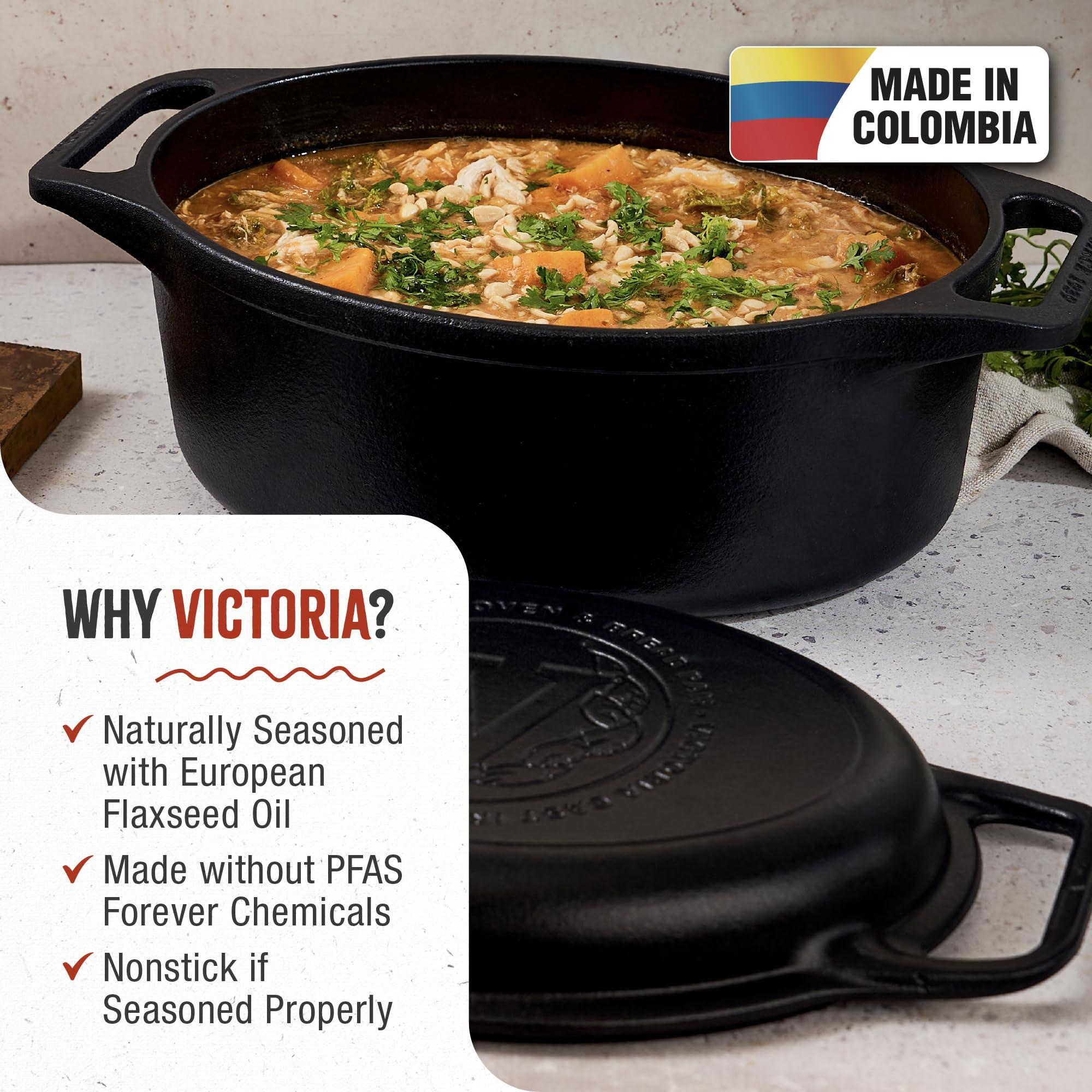 Victoria Victoria 6-Quart Cast Iron Oval Dutch Oven, Combination Combo Cooker Pot and Skillet, Bread Baker, Made in Colombia, 2-Piece Set