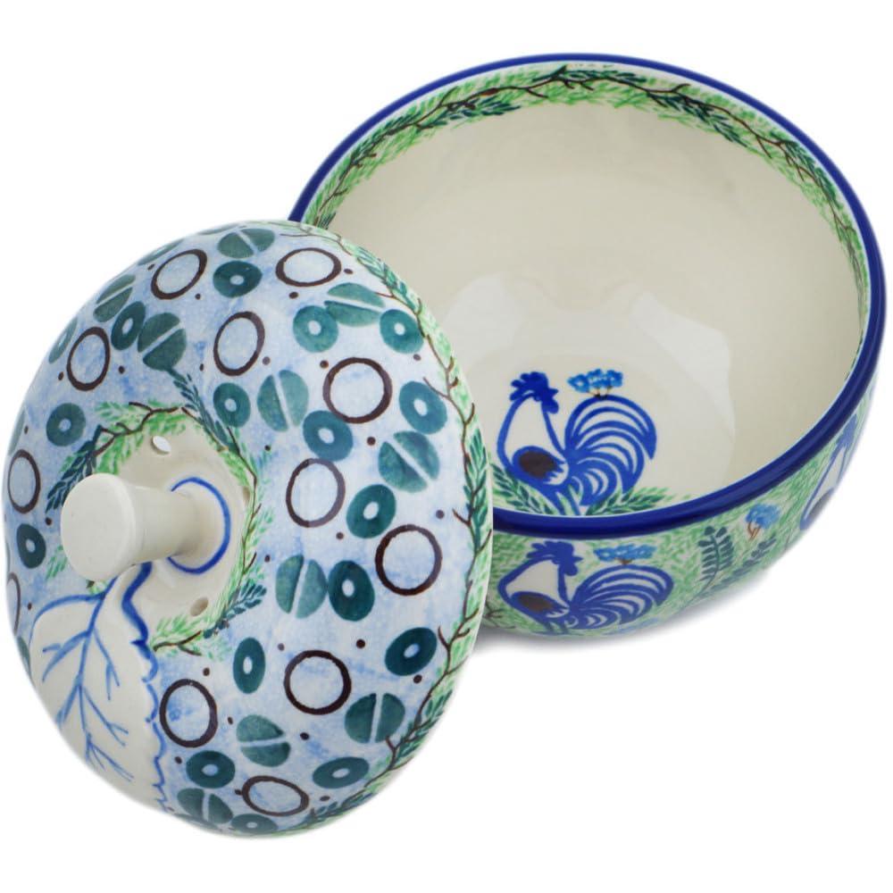 Polmedia Polish Pottery Authentic Polish Pottery Apple Shaped Jar Signature UNIKAT in Blue Rooster Design Handmade in Bolesawiec Poland by Ceramika Artystyczna + Certificate of Authenticity