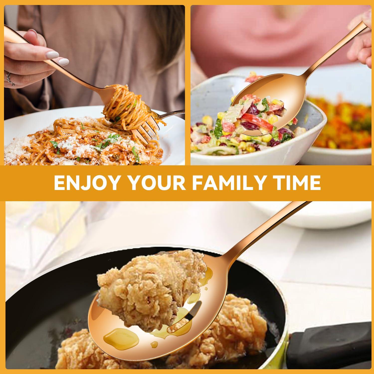 LifeMusican Rose Gold Serving Utensils Set Stainless Steel, Large Metal Serving Spoons, Slotted Spoons, Forks, Tongs, Soup and Skimmer Spoon, Cake Server serveware for Partie, Buffet, Catering, Entertaining 15pcs