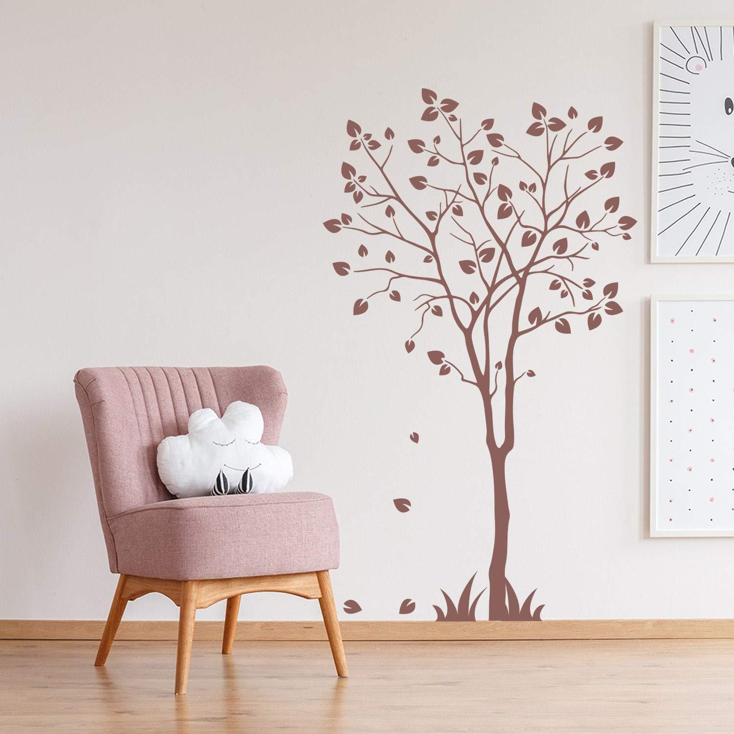 Decords Tree Sticker Decal - Wall Birch Art Vinyl Nursery Stickers - Nature Botanical Trees Decals - Forest Decor Natural Big Leaf Peel and Stick