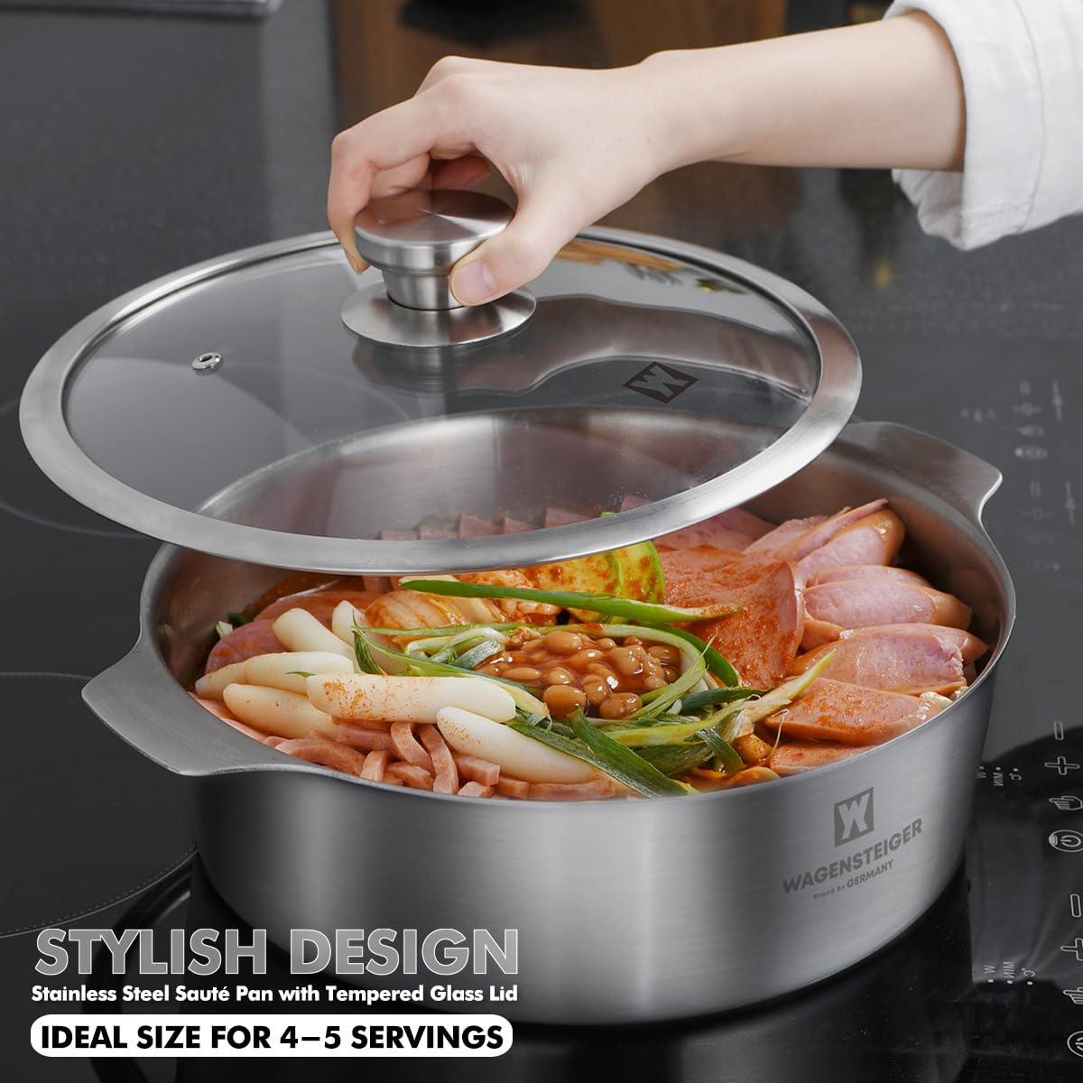 WAGENSTEIGER WAGENSTEIGER 4.18Quarts Stainless Steel Saut pan Casserole Pot with Tempered Glass Lid, Stock Pot, 3-Ply Construction with Aluminum Core, Stylish Design, Brushed Finish