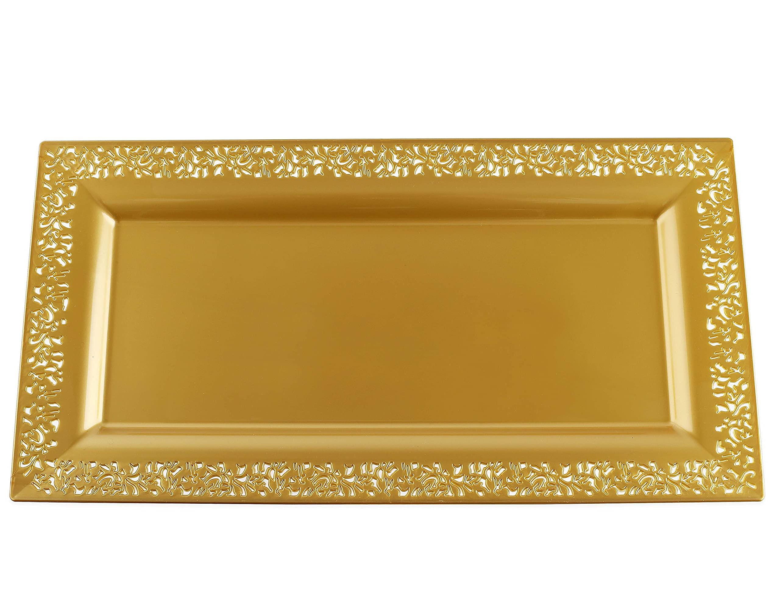 Yumchikel Decorative Plastic Serving Tray & Platter Set (2pk) - Gold Disposable Party Trays & Platters for Food - Weddings, Upscale Parties, Dessert Table, Cupcake Display - 14\"x7.5\" inches-Yumchikel