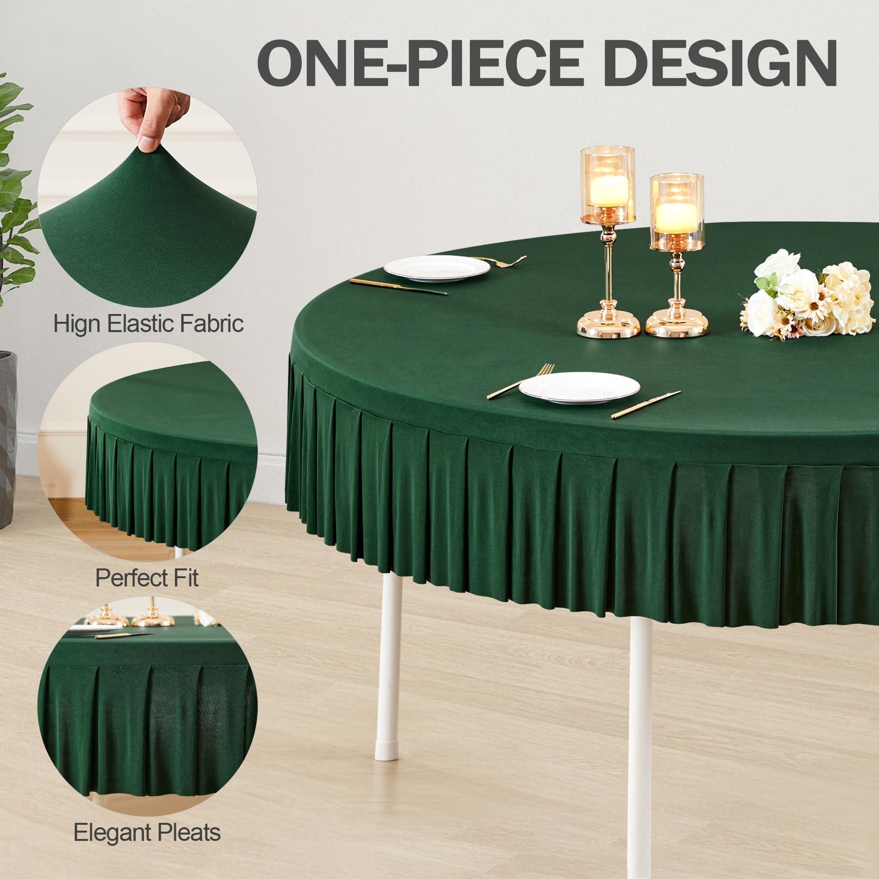 Party Talk 8 Pack Green Spandex Round Tablecloths for 60 inch Table, Stretchy Fitted 5FT Round Table Cloths Wrinkle Free Round Table Covers with Table Skirt for Christmas Wedding Banquet Birthday Party
