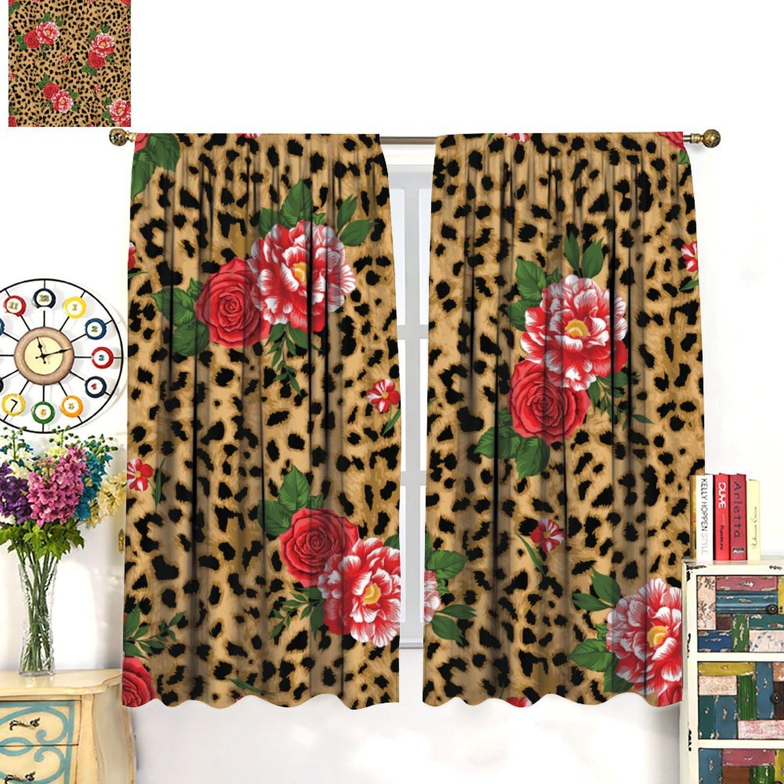 HLLYY Leopard Flower Curtains Pink Red Rose Floral Brown Animal Skin Print Print Blackout Window Drapes for Bedroom Living Room Bathroom W36xL63 Inch x2 Panels