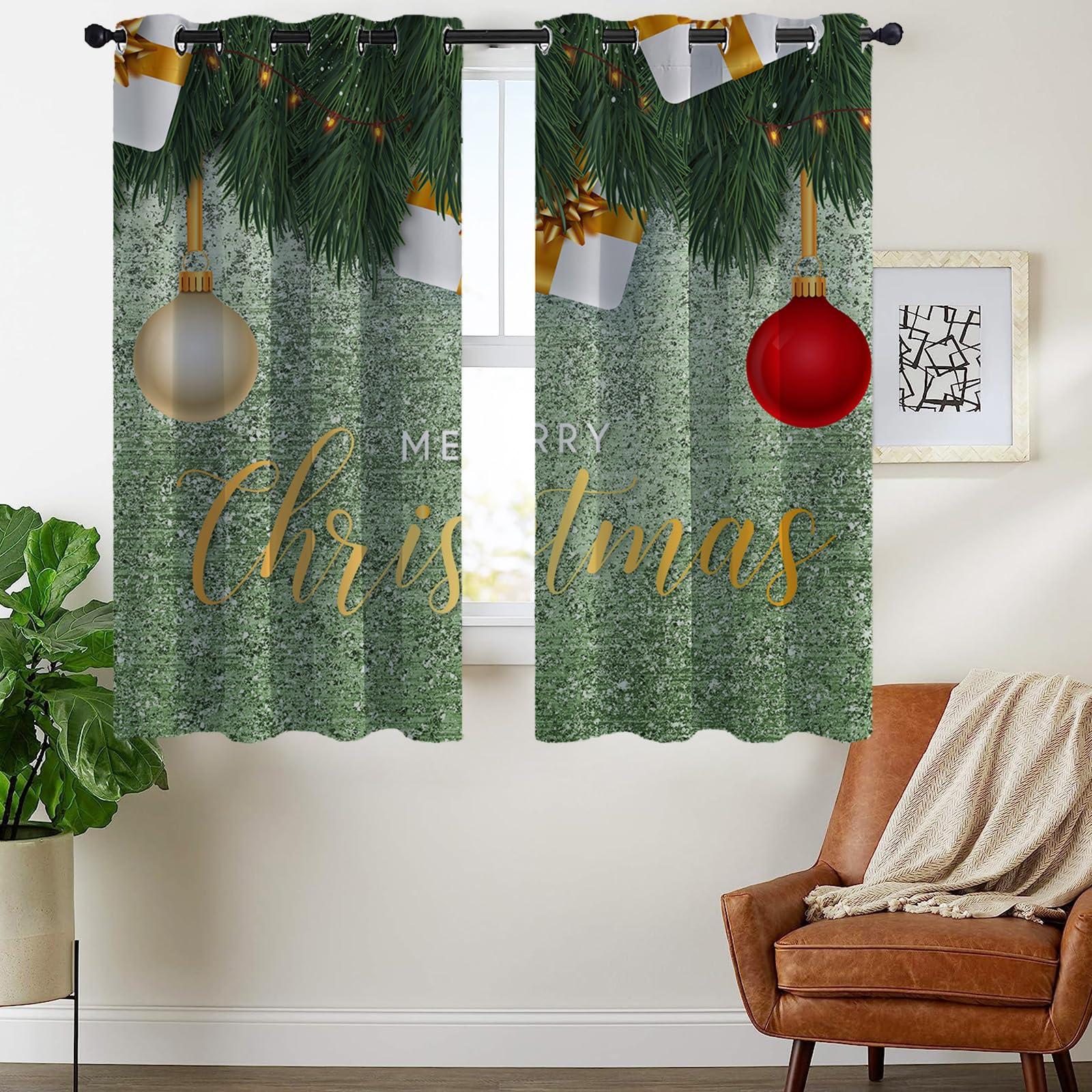 TOARTE TOARTE Green Shiny Background Window Treatments, Christmas Tree Leaves Gift Box Blackout Curtains for Bedroom, Grommet Thermal Insulated Window Curtain for Bedroom Living Room Patio - 84x72in