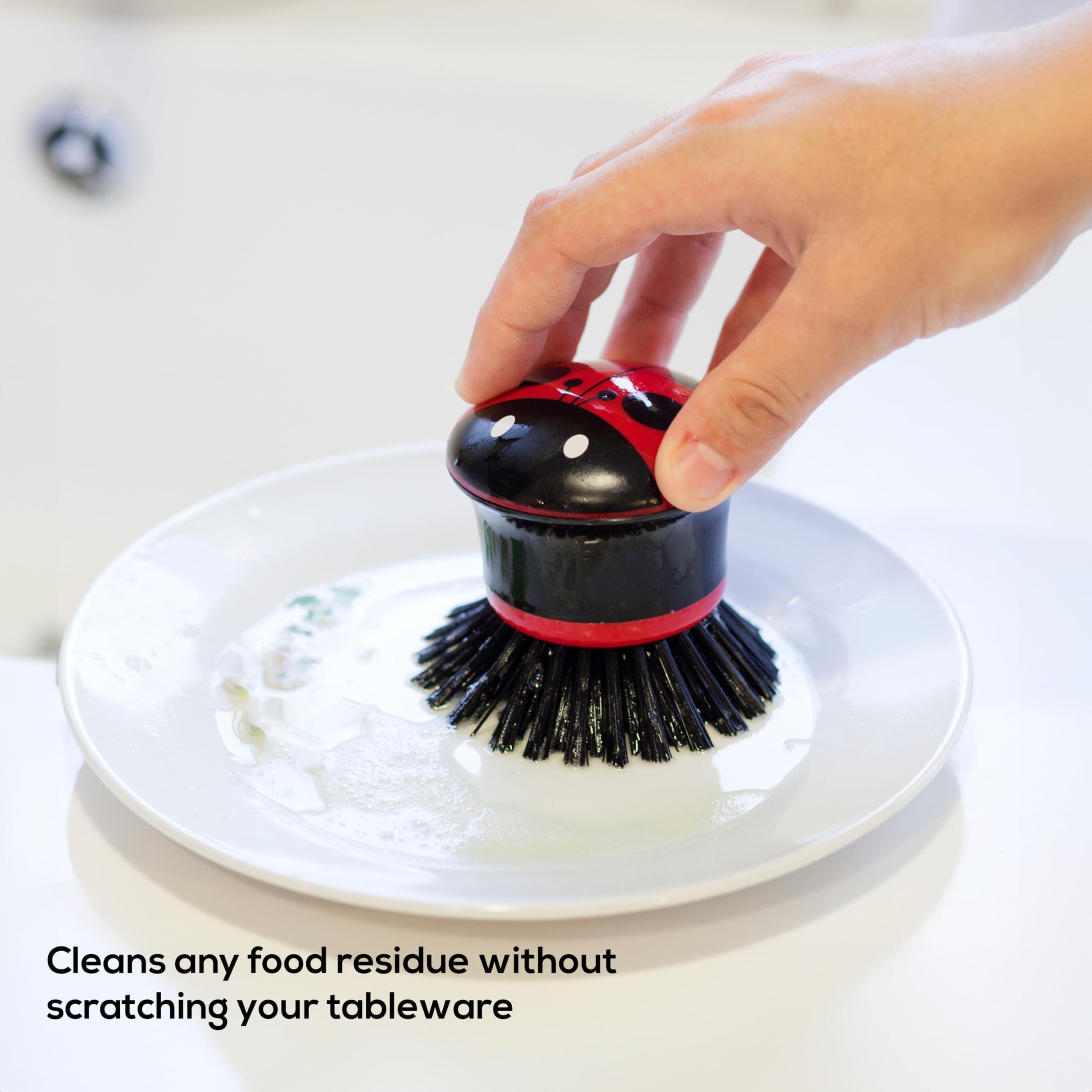 Vigar Vigar Ladybug Palm Dish Scrub Brush with Holder, Perfect Kitchen Brushes for Dishes, Sink Brush and Cleaning Brushes for Household Use, Red, Green