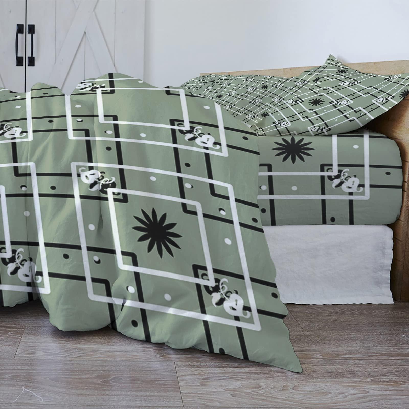 Debedcor Cal. King Comforter Covers Sets Black White Geometric 4 Piece Duvet Cover Set Lightweight Microfiber Soft Bedding Set for Adult Teen, Box Plaid Polka Dot Green