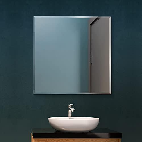 Fab Glass and Mirror Fab Glass and Mirror Wall Mounted 30"x30" Frameless Square Mirror | 1" Beveled Edge Mirror with Hooks for Bathroom Wall, Hallway, Bedroom, Makeup Vanity