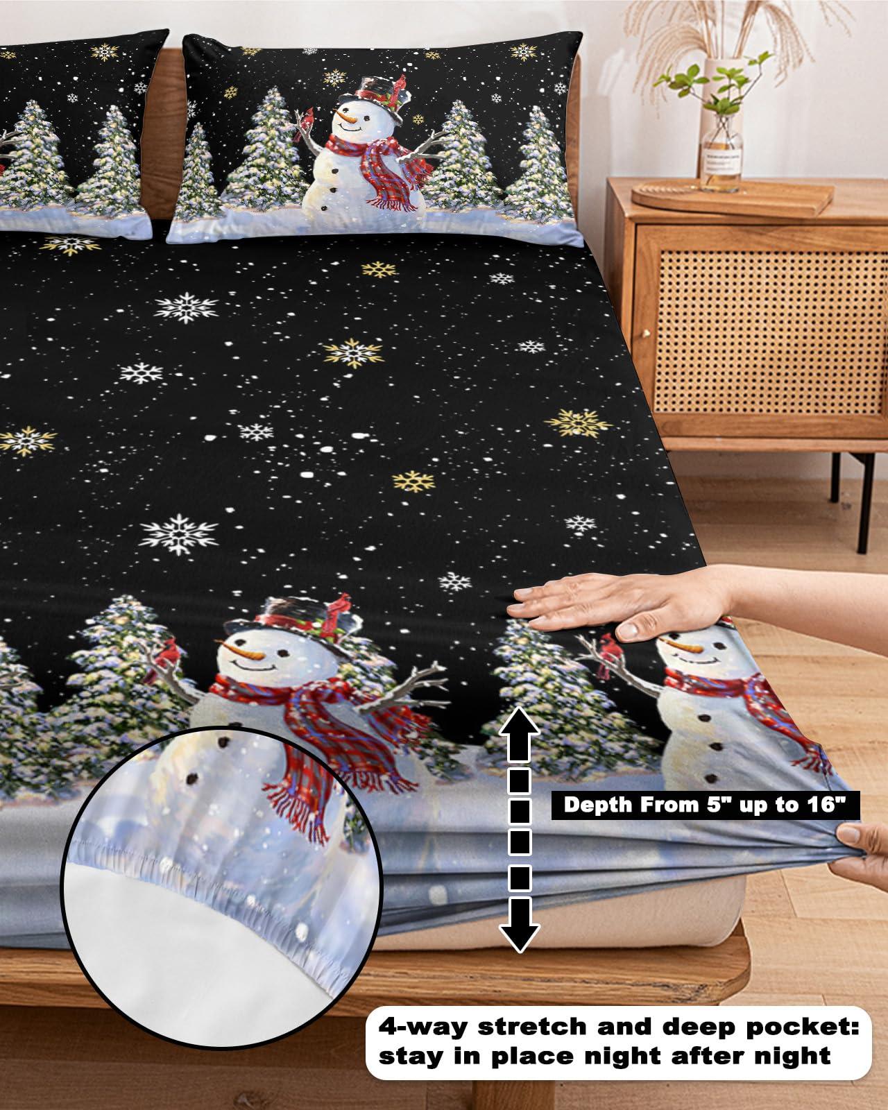 Alandar Home King Fitted Bed Sheet Deep Pocket,Merry Christmas Snowman Christmas Tree Bedding Sheet Soft Brushed Microfiber Fitted Sheets,Winter Snowflakes Black Hotel Luxury Fitted Bottom Sheet Pillowcase Set
