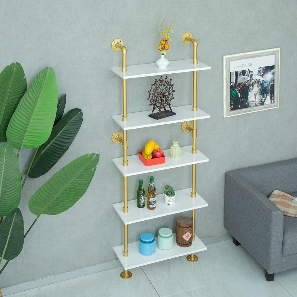 HEONITURE HEONITURE 5 Shelf Modern Gold Bookshelf, Wall Mount White Bookcase, Ladder Shelf with Metal Frame, Display Shelf Shelves for Living Room/Home/Office