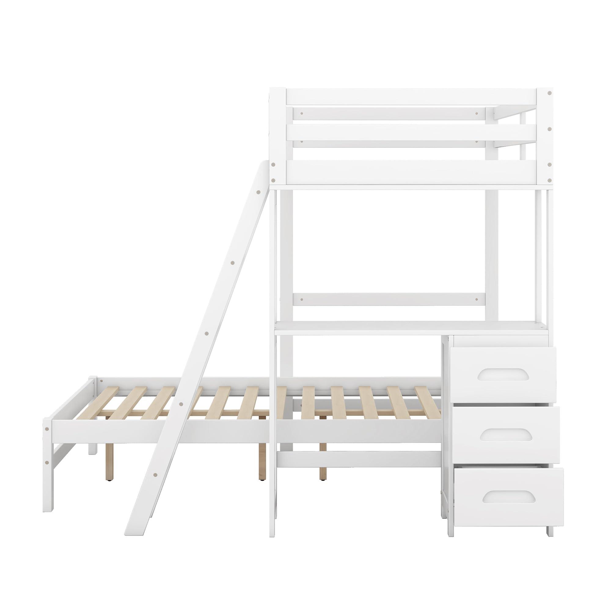 YOPTO YOPTO Twin Over Full Bunk Bed with Built-in Desk and Three Drawers,Pine Wood Convertible Twin Over Full L-Shaped Loft Bunk Bed Frame for Kids Teens Adults,White