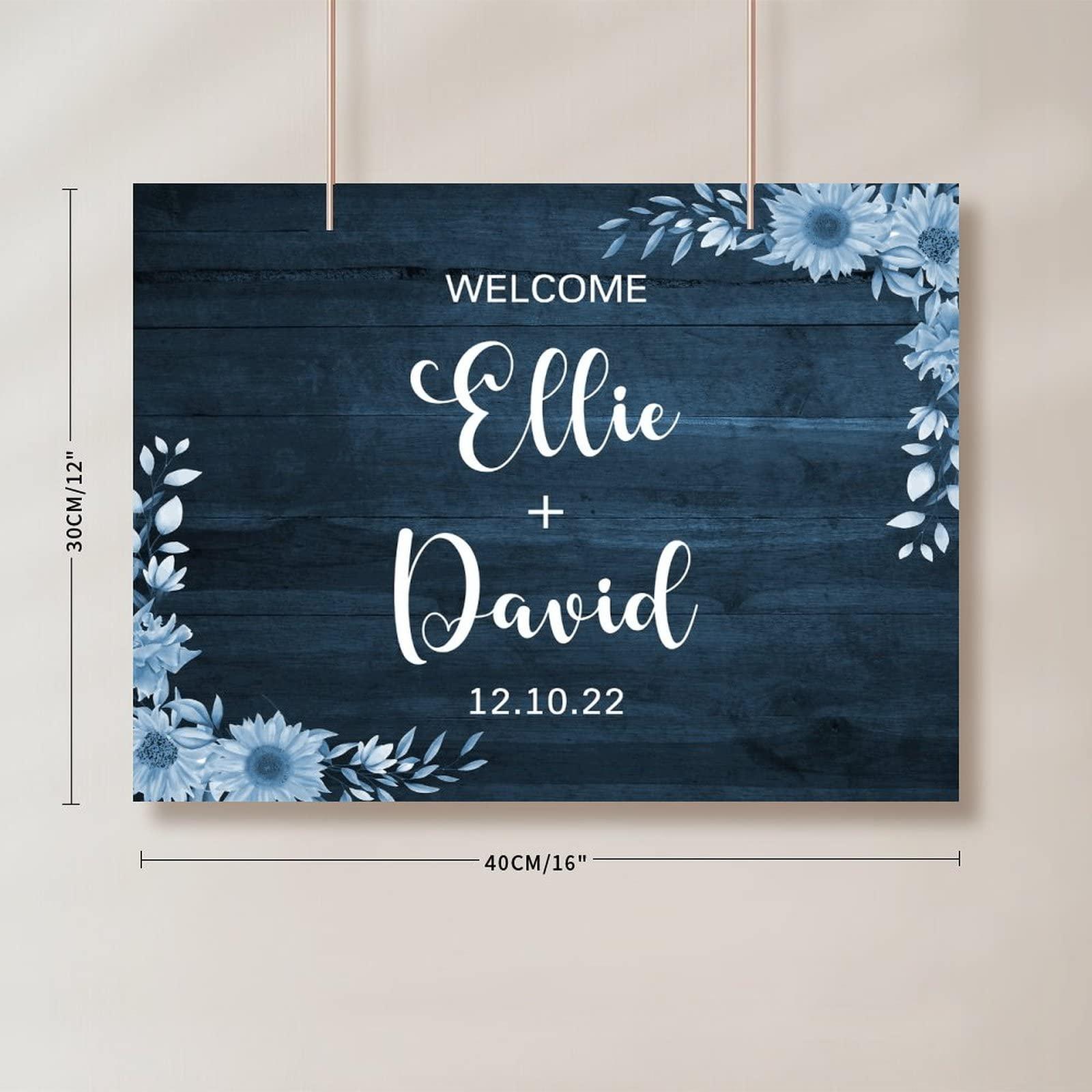 Alioyoit Rustic Wood Wedding Sign Floral Blue Wood Wooden Wedding Welcome Sign Customizable Wedding Reception Ceremony Sign Perfect for Wedding Anniversary Engagement Party Decor Wedding Gift 12x16 Inch