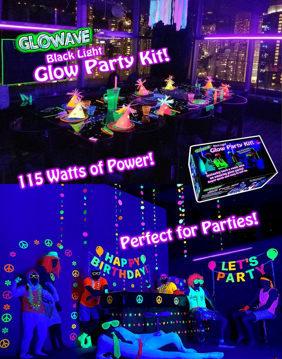Glow Party World Black Lights for Glow Party! 115W Blacklight LED Strip kit. 4 UV Lights to Surround Your neon Party. Ultraviolet Lighting for Big Rooms. Easy Set up! Glow in The Dark Party Supplies. Fiesta Luz Negra