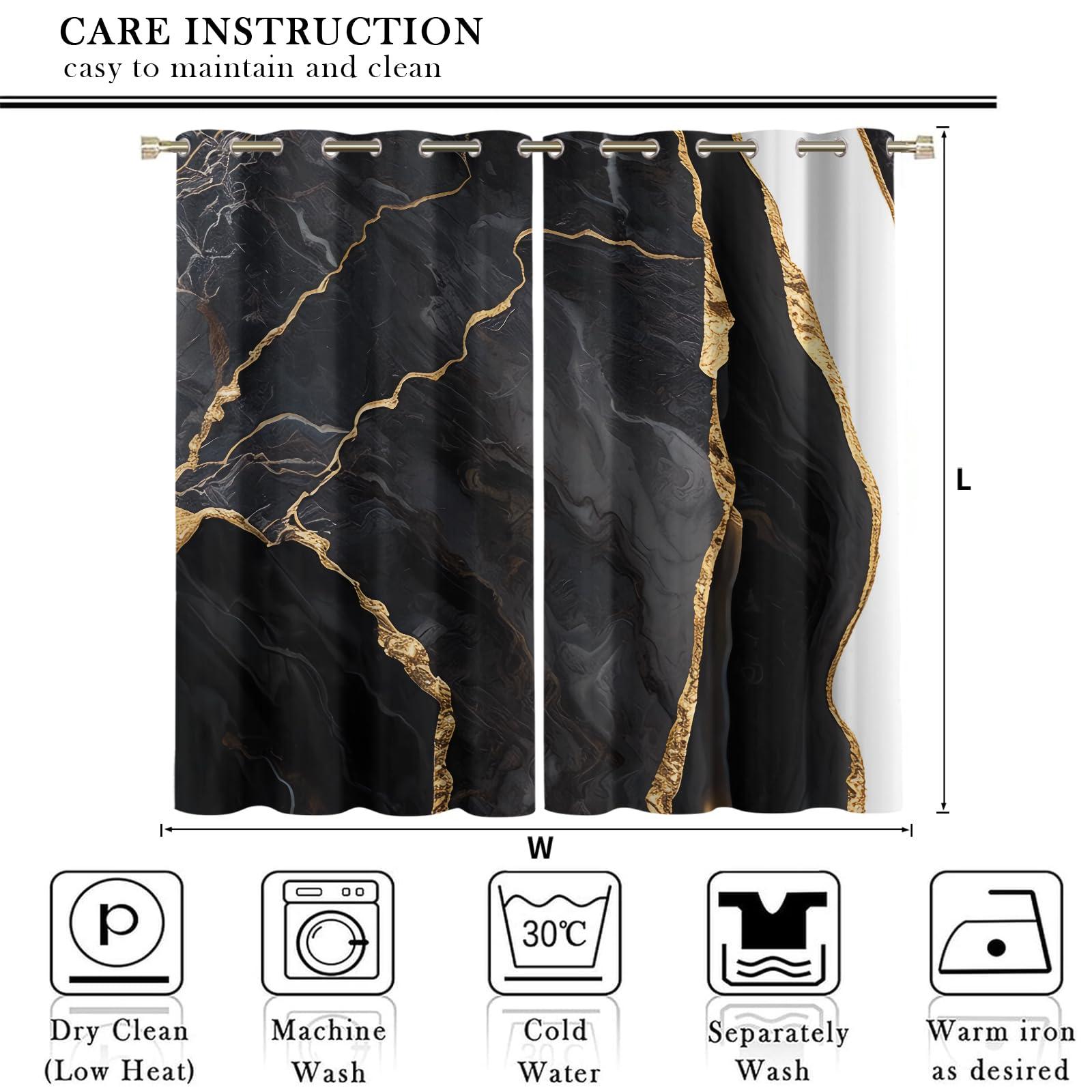 LNUEFE Abstract Black Grey Marble Blackout Curtains, Black and White Marble Golden Stripes Curtain Panels for Bedroom - Grommet Thermal Insulated Room Darkening Curtains for Living Room 108" W x 84" L
