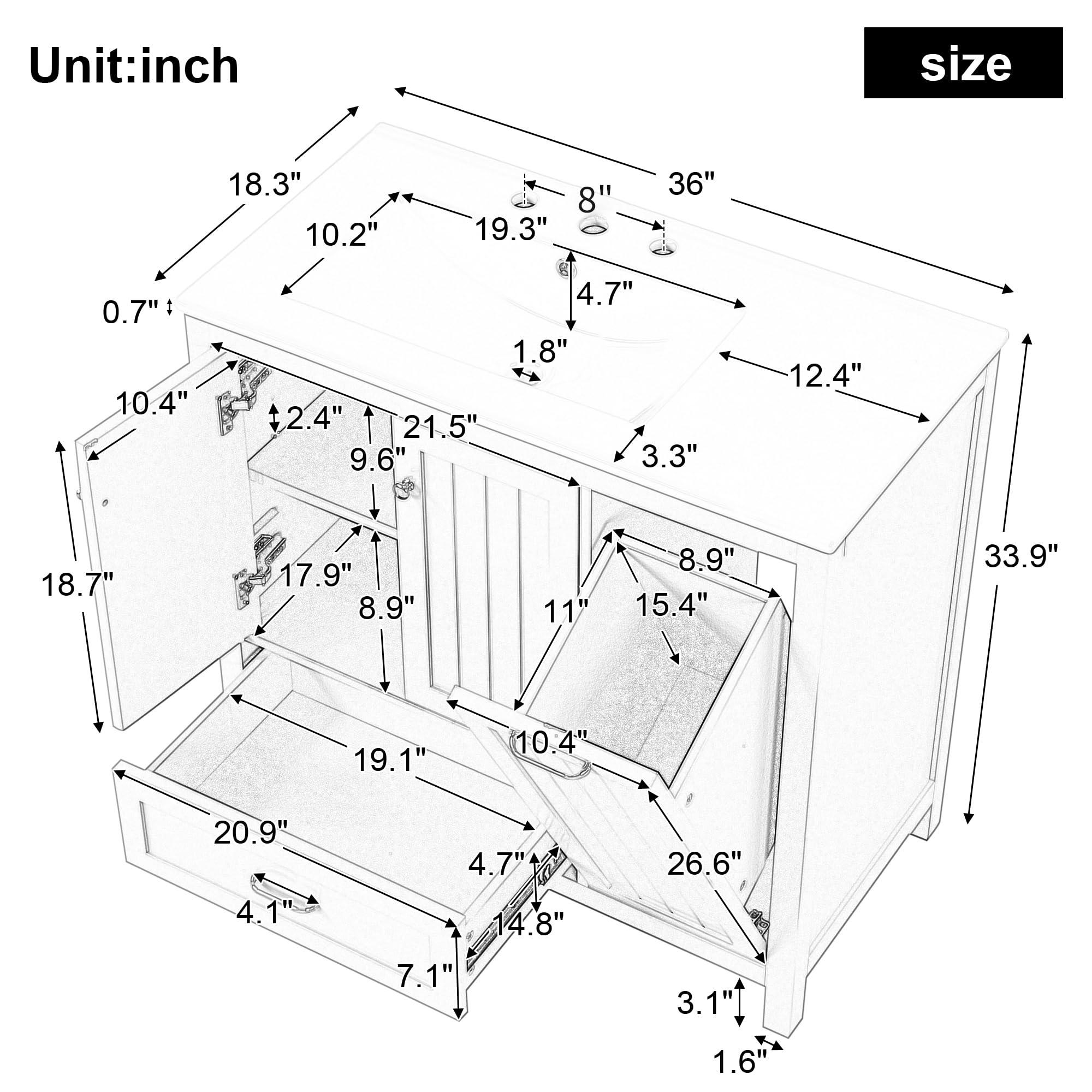 MiHunnor MiHunnor 36\" Bathroom Vanity Cabinet with Sink Combo, Freestanding Solid Wood Cabinet with Ceramic Sink, with 2 Doors and a Flip Drawer, for Bathroom, Easy Assembly