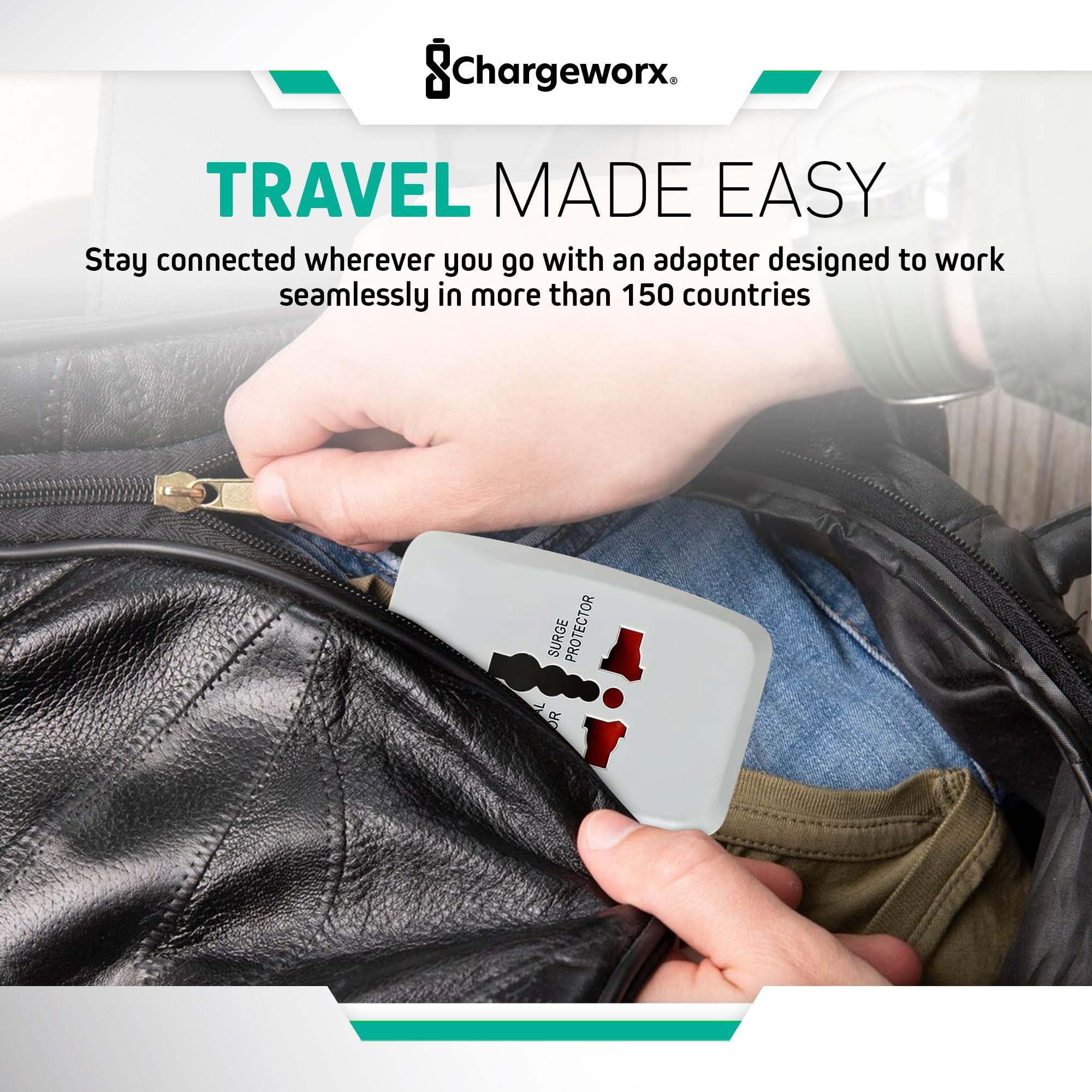 CHARGEWORX ChargeWorx International Power Adapter Plug, US, EU & UK Plugs Built-in, European Travel Plug Adapter, Surge Protector, LED Power Light, Portable Universal Travel Adapter Works in Over 150 Countries