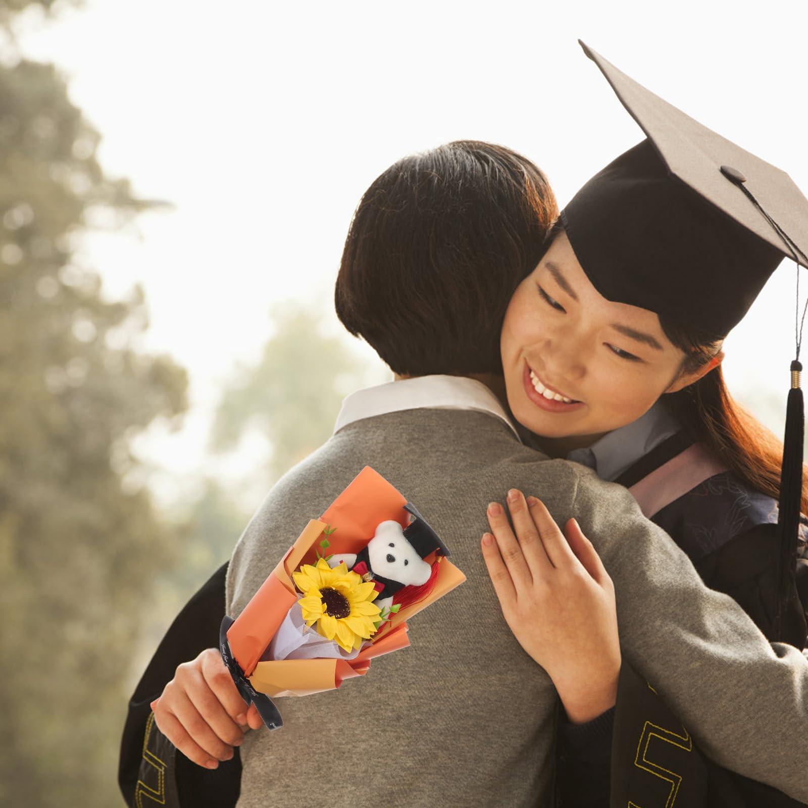 jojofuny jojofuny Plush Graduation Bear Bouquet Grad Cap Animal Bear Sunflower Bear Doll Bouquet Graduation Artificial Bouquet Party Favors for 2023 Graduates Orange