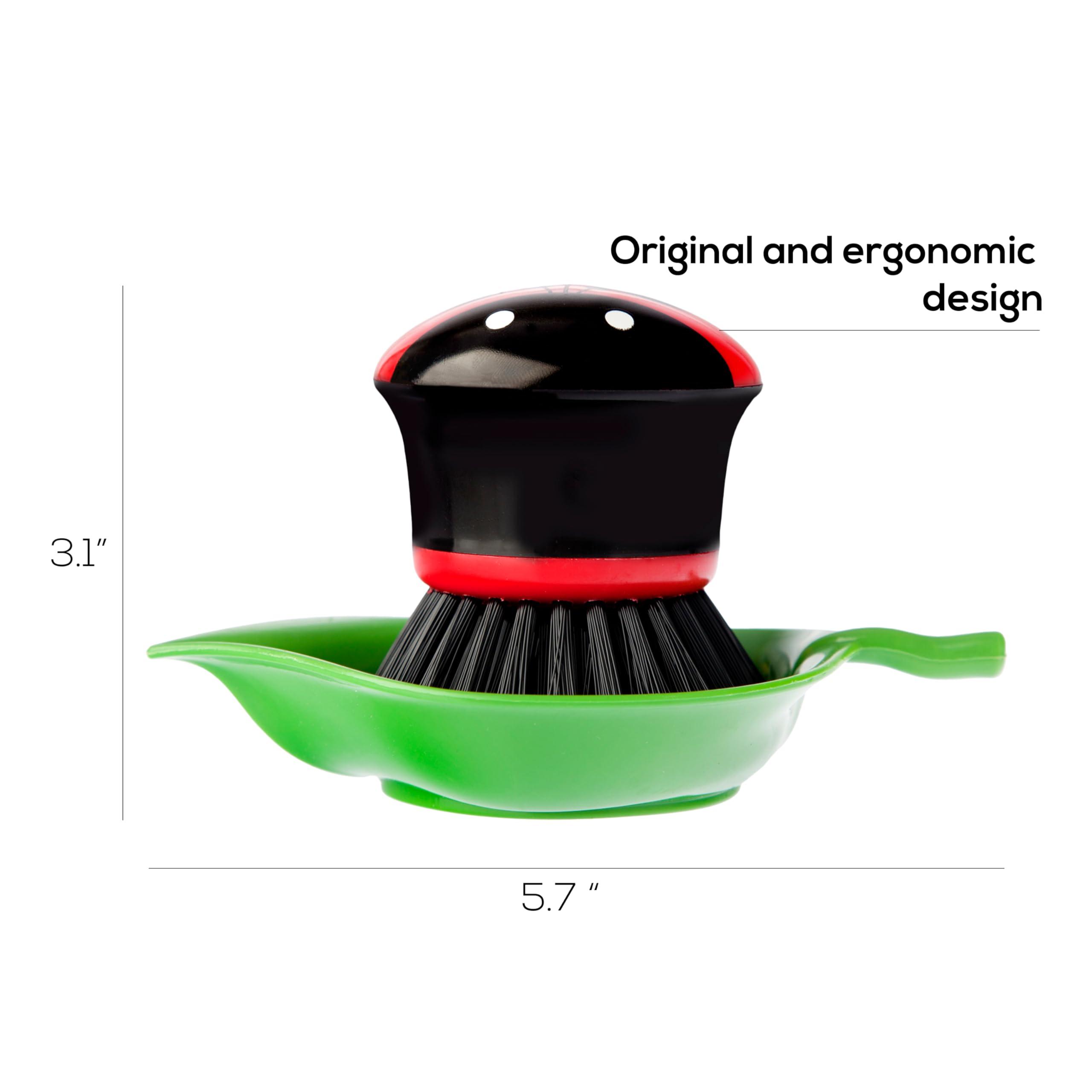 Vigar Vigar Ladybug Palm Dish Scrub Brush with Holder, Perfect Kitchen Brushes for Dishes, Sink Brush and Cleaning Brushes for Household Use, Red, Green