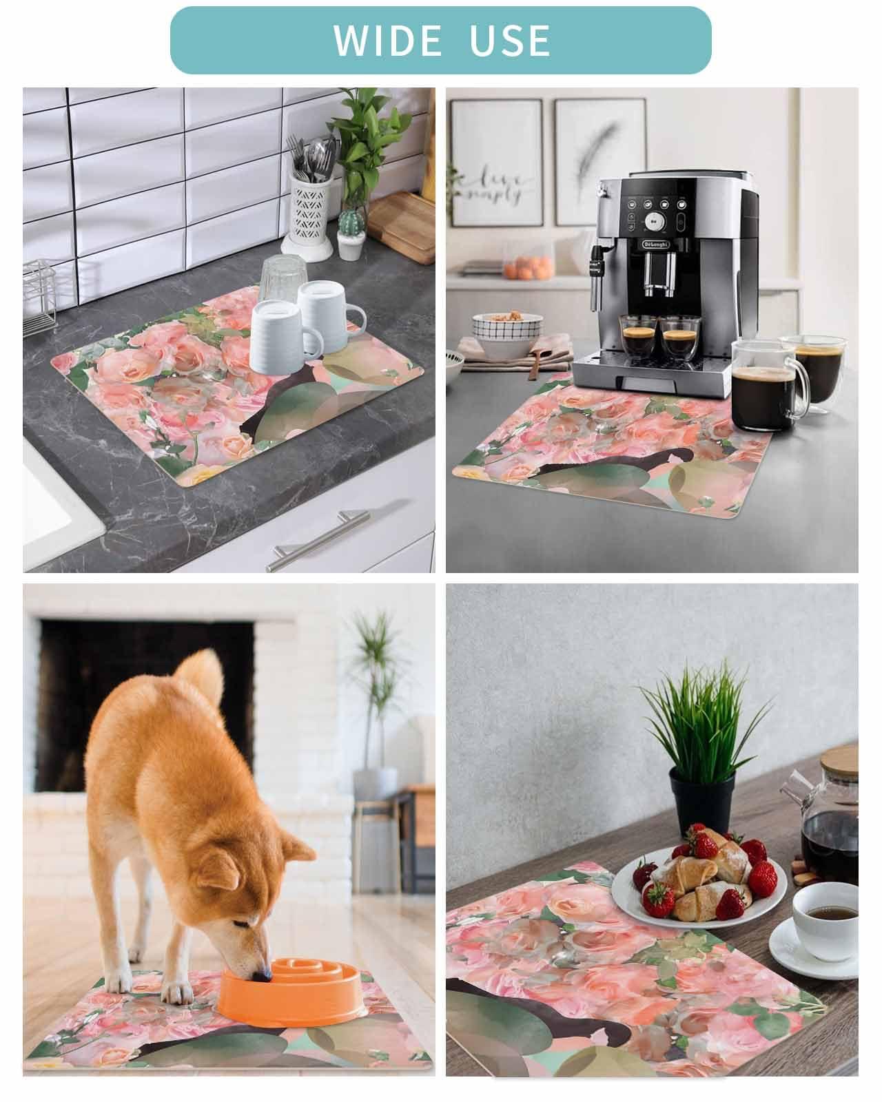 ZOE STORE ZOE STORE Coffee Bar Mat Spill Mat for Countertops, Pink Spring Floral Dish Drying Mat for Kitchen Accessories, Rustic Summer Botanical Modern Kitchen Counter Mat Water Absorbent, 16 x 18 Inches