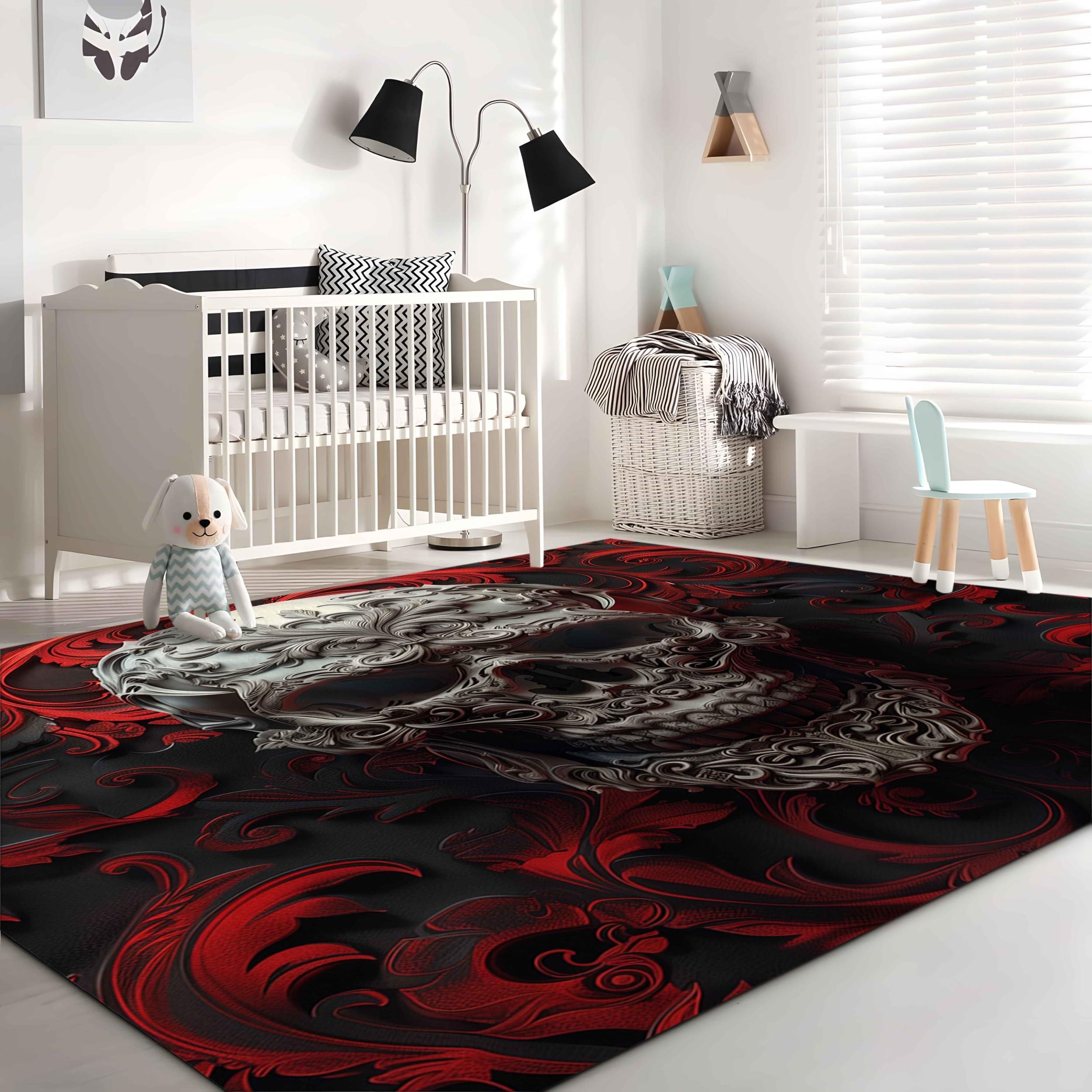 Bhoyctn Area Rugs 3ft x 5ft for Living Room - Area Rug Washable Non Slip Low Pile Rectangular Rug - Gothic Roses & Skulls Carpet for Bedroom Dining Room Kids Playroom Entrance Floor Mat Kitchen Rug