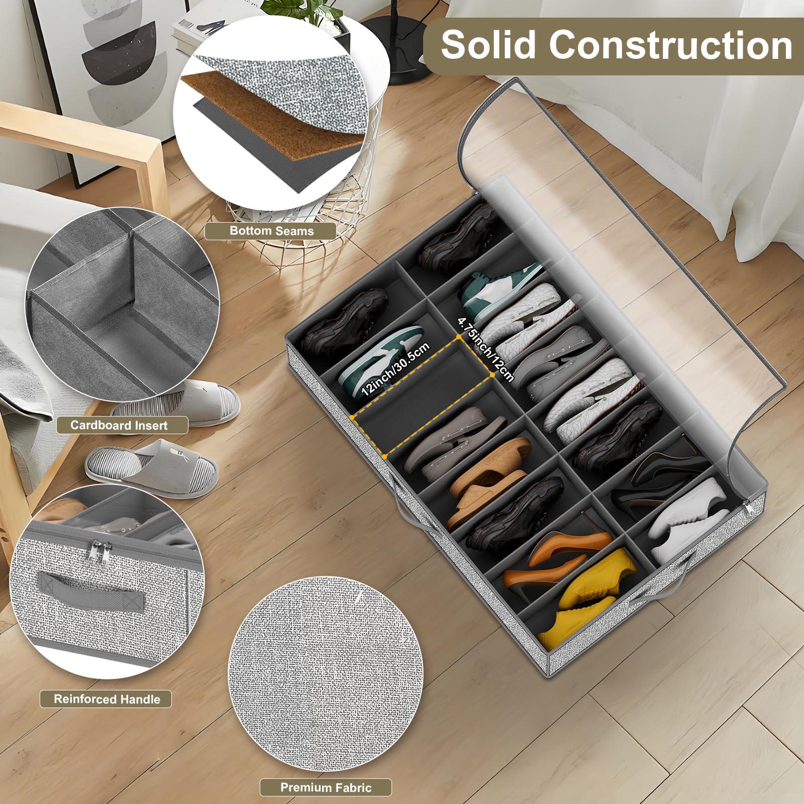 homyfort 32 Pairs Shoe Organizer Under Bed, Underbed Shoe Storage Boxes Bins, Organizador De Zapatos, Extra Large Zapateras Organizer, Grey, Set of 2