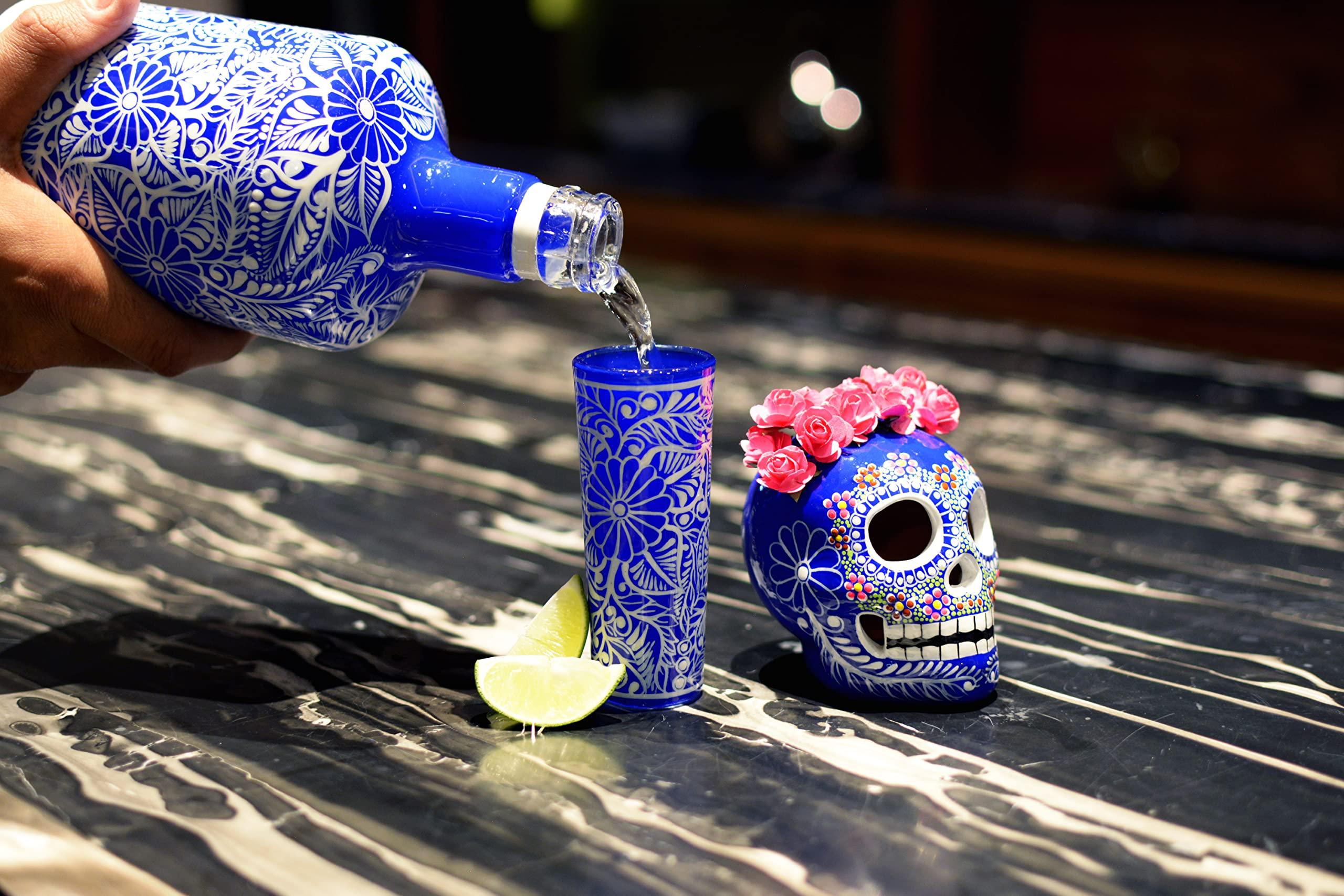 Mexskeletons Personalized Tequila Decanter Set, Liquor Decanter with Shot Glasses and Mexican Sombrero, Hand-painted Decanter, Skull Decanter, Bar Decoration, Unique Tequila Gift (Blue Catrina Set)