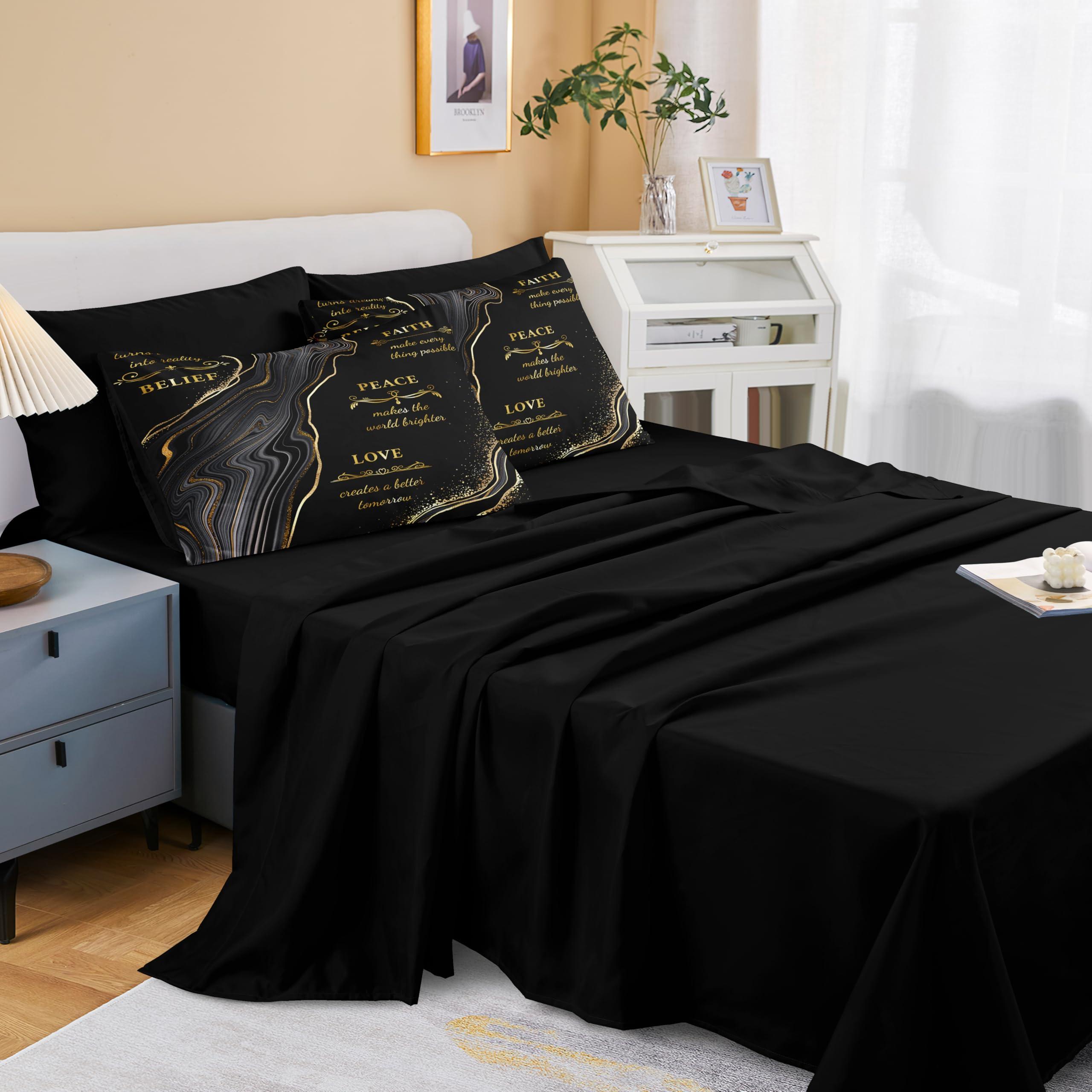 Herside Herside Marble Queen Comforter Set with Sheets,8 Pieces Black and Gold Queen Bed in a Bag Set,Inspirational Positive Energy Words Quilt Set,Modern Marble Texture Luxury Bedding Set for All Seasons