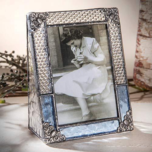 J Devlin Glass Art Blue Picture Frame Vintage Stained Glass 2 1/2 x 3 1/2 School Photo J Devlin Pic 381-2535