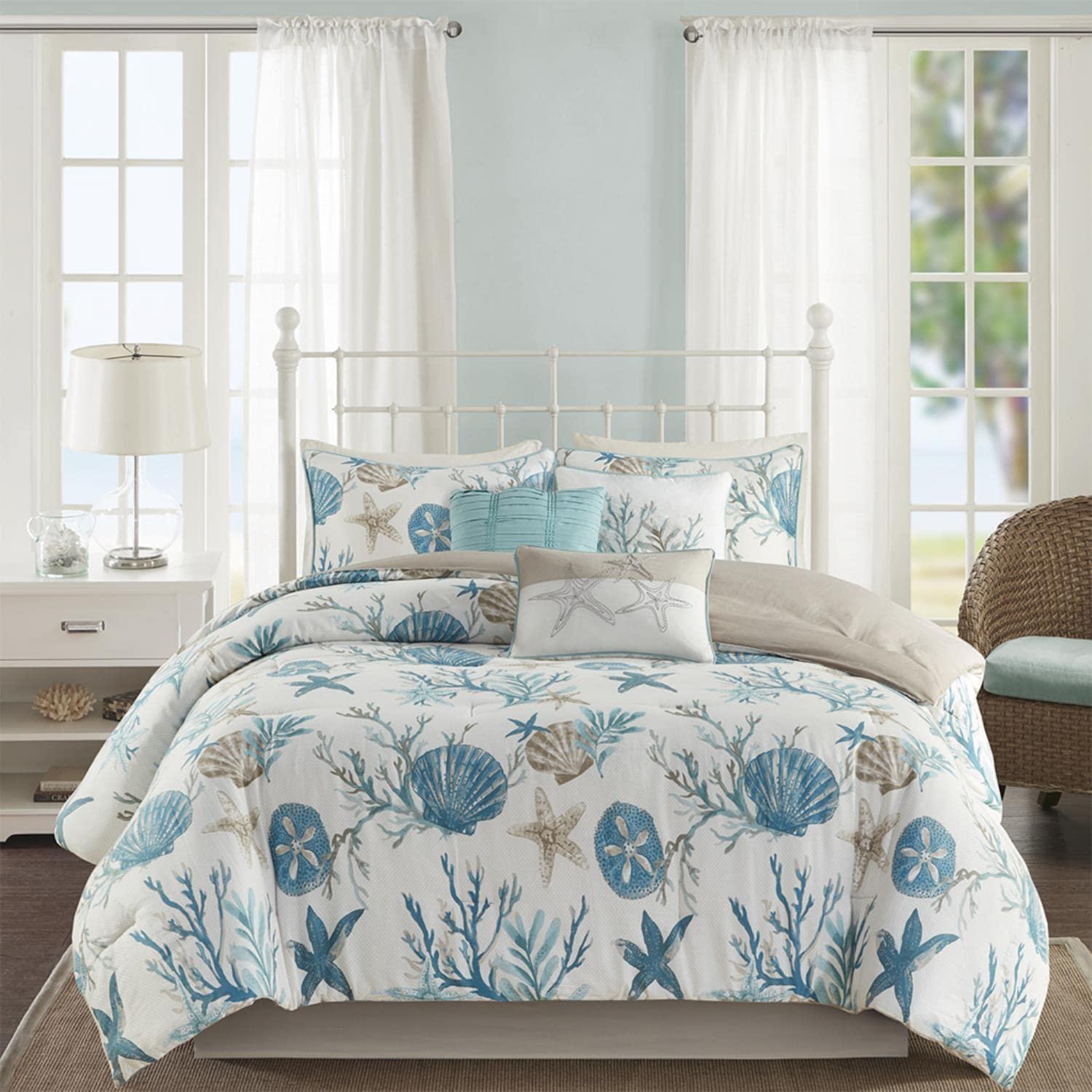 Madison Park Madison Park Pebble Beach 100% Cotton Comforter Set - Coastal Coral, Starfish Design All Season Down Alternative Cozy Bedding with Matching Shams, Decorative Pillow, Queen(90\"x90\") Aqua 7 Piece