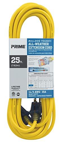Prime Wire & Cable Prime Wire & Cable LT511725 25-Foot 14/3 SJTOW Bulldog Tough Extension Cord with PrimeLight Indicator Light, Yellow