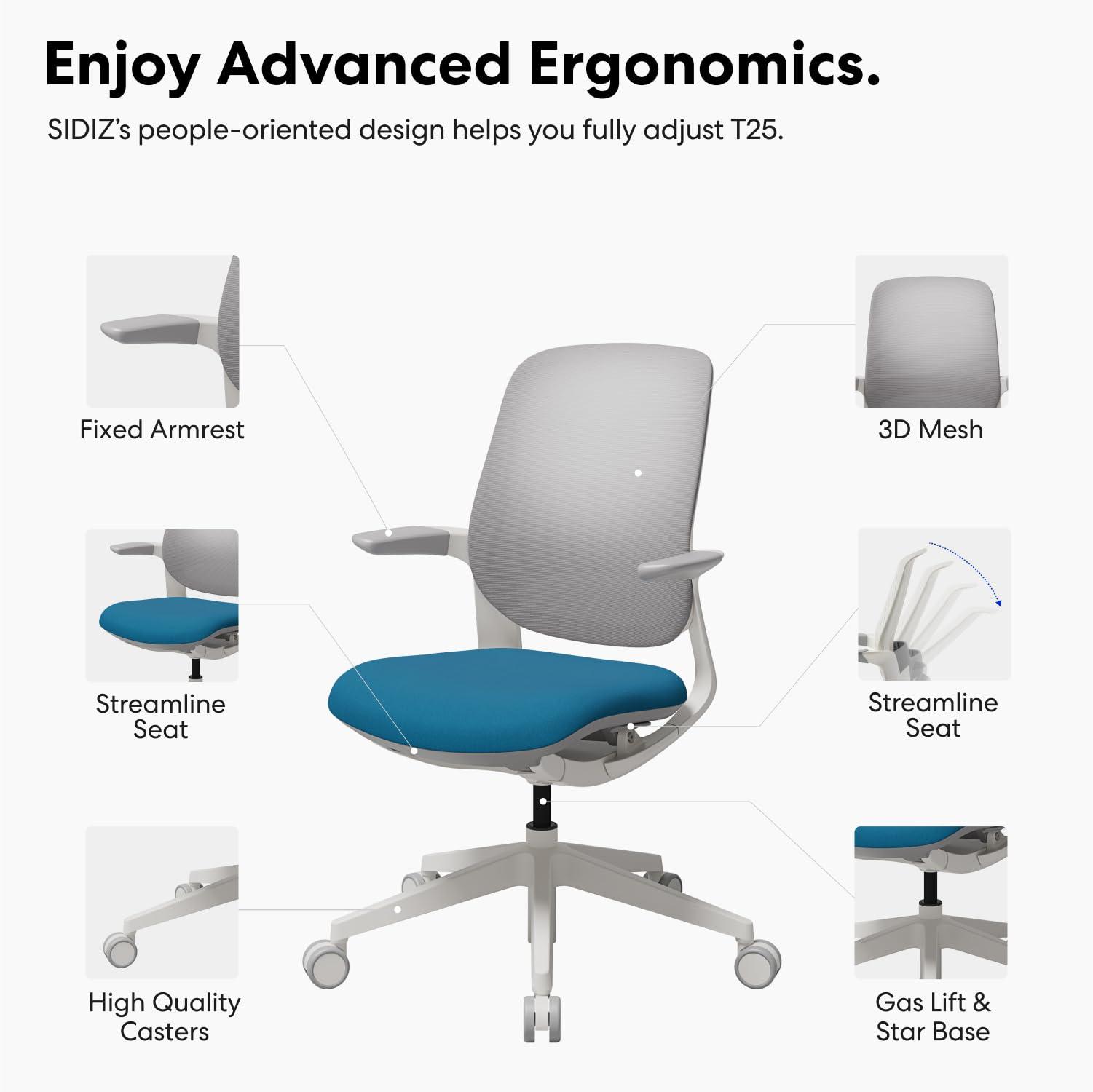 SIDIZ SIDIZ T25 Petite Ergonomic Office Chair : Home Office Desk Chair for Petite Women (4' 9" or Over), Adjustable Seat Height, Weight-Activated Auto Fit Tilt, Gaming Chair (White Mesh, Bright Blue Seat)