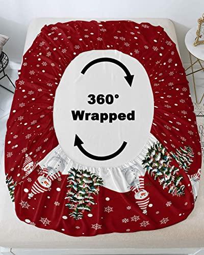 ZFUNCING Christmas Snowman on Snowy Season Fitted Bed Sheets Queen Size Fit 5-16inch Deep Pockets,Luxury Bottom Sheet Bedding Set with Pillow Case,Winter Whtie Snowflake on Red Fitted Sheet for Mattress