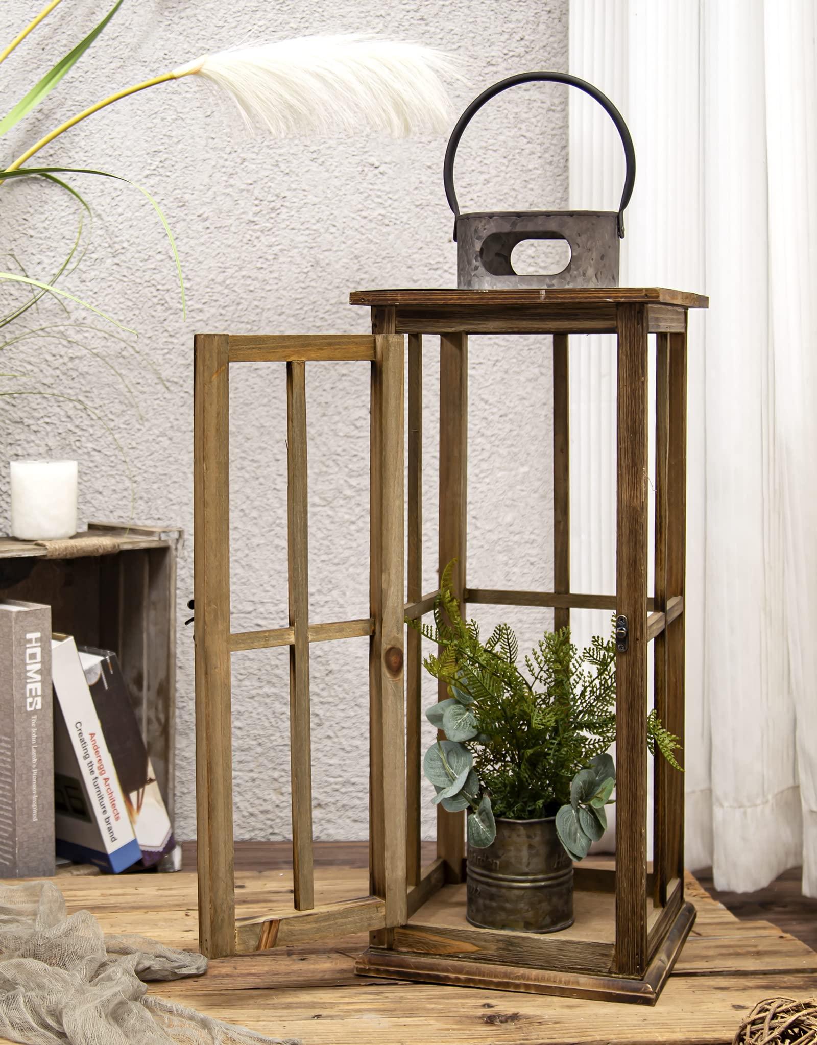 TIMRIS TIMRIS Large Farmhouse Wooden Metal Lantern Set of 2, Rustic Decorative Floor Candle Lanterns, Vintage Distressed Hanging Lanterns for Home Dcor (No Glass)