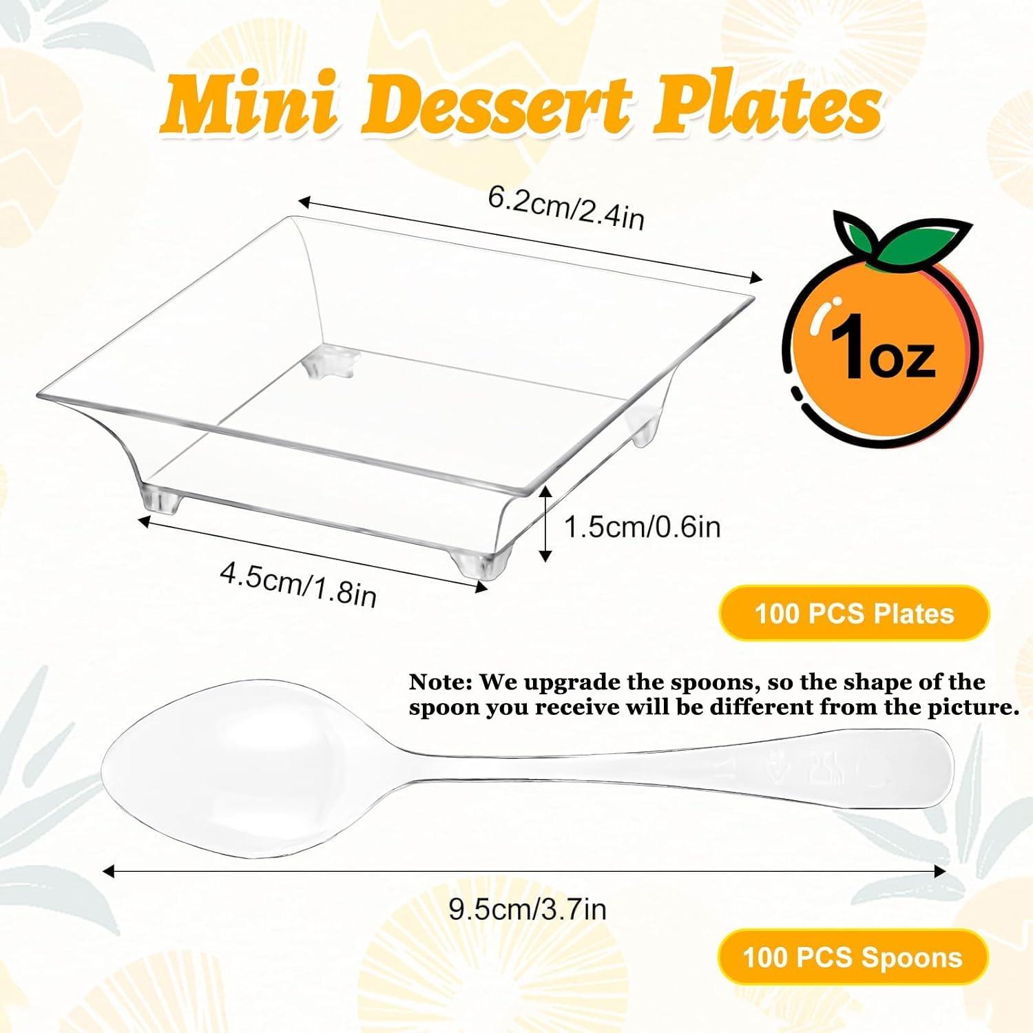 Yihurlm Yihurlm Mini Dessert Plates with Spoons,100 Pack 1 oz 2.4\" Mini Appetizer Plates,Reusable Crystal Clear Plastic Square Mini Plates for Desserts Appetizers Sauces Fruit Cake Tastings