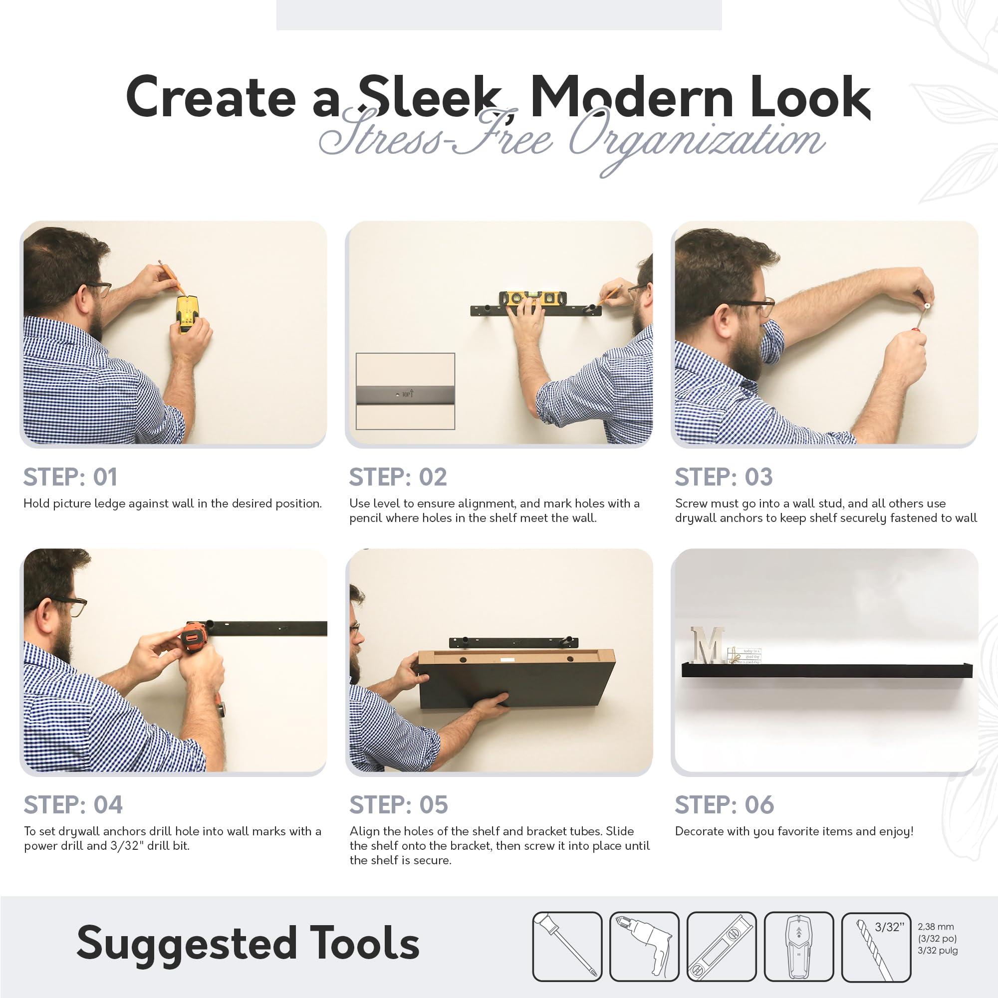 in Place InPlace Invisible Brackets Shelf with Edge - MDF Floating Shelves for Wall with EZ Anchors Included - Easy to Install Shelf for Office, Bathroom & Living Room - 8.5\"D x 60\"W x 2.75\"H, Black, 9603017E