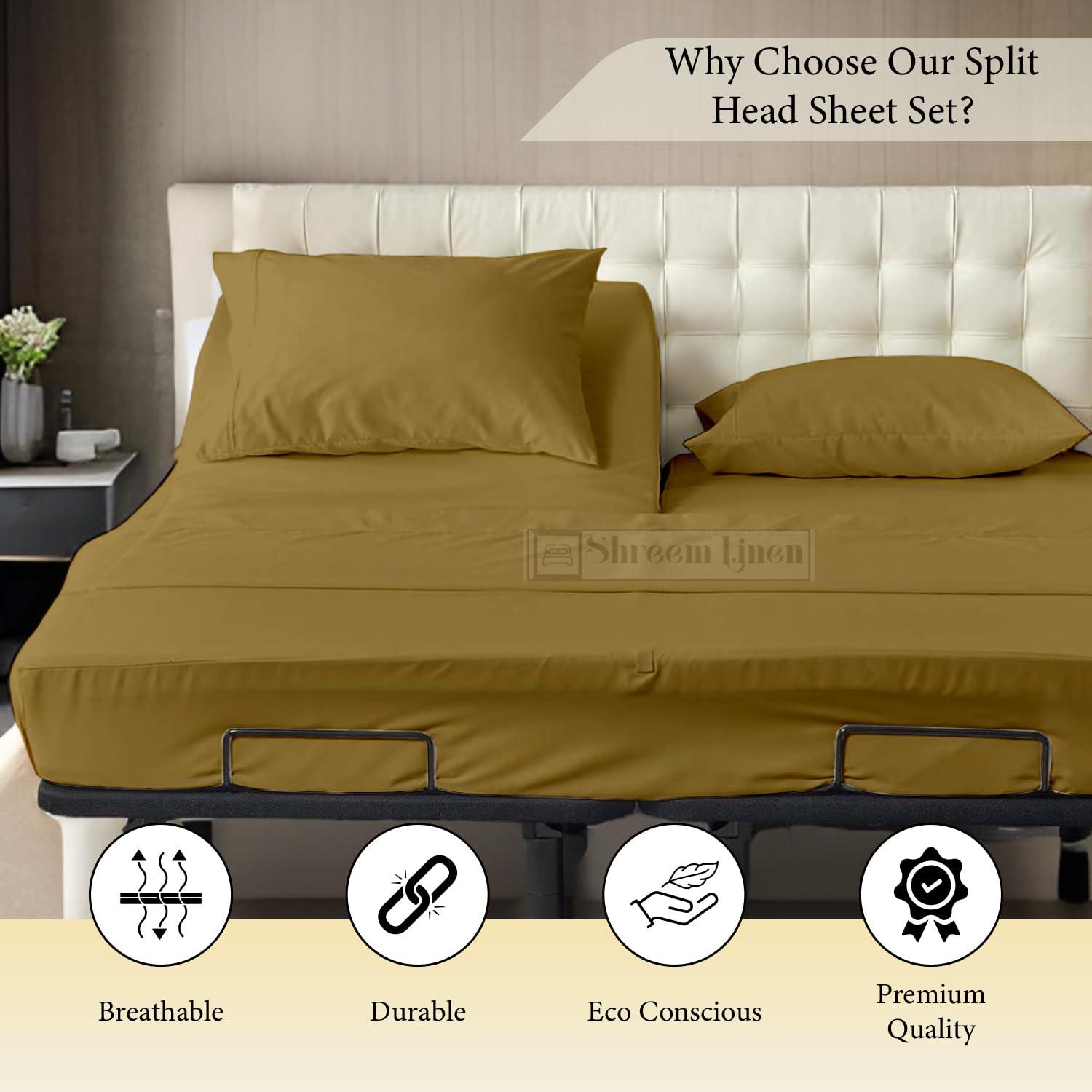 Shreem Linen Split Head Flex Cal-King Sheets for Adjustable Beds, Flex Top Cal-King Sheets for Sleep Number Bed 100% Egyptian Cotton - 4Pcs Sheet Set -28\" Top Split Sheets to fit Upto 16\" Deep (Taupe Solid)