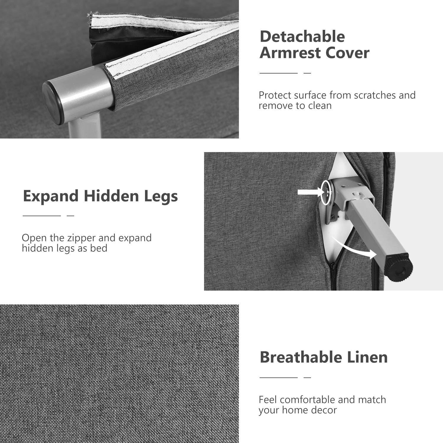 N / Convertible Sofa Bed Sleeper Chair, Modern Chaise Lounge 5 Position Adjustable Backrest, Folding Arm Chair Sleeper with Pillow, Upholstered Seat, Couch for Bedroom Home Office, Grey