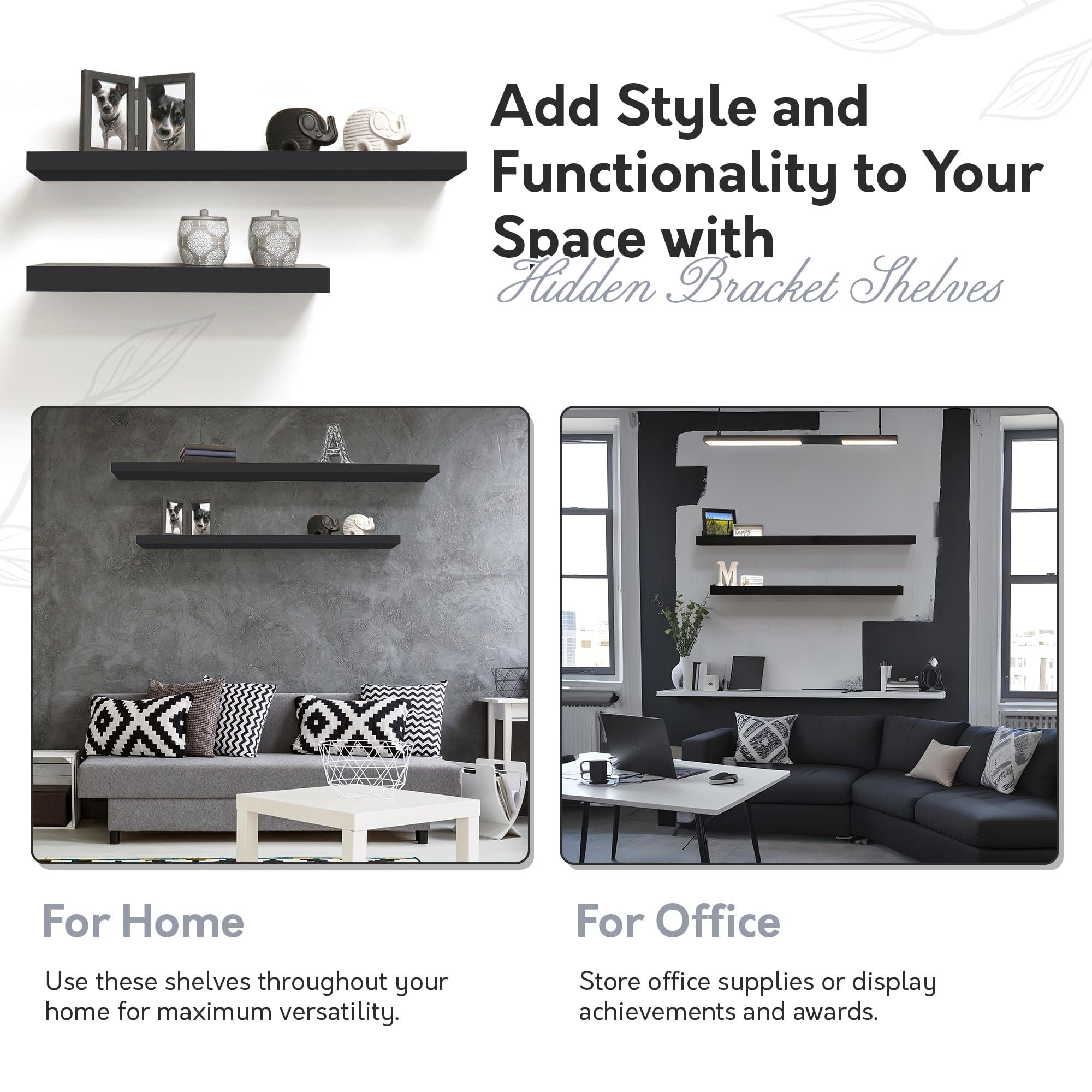 in Place InPlace Invisible Brackets Shelf with Edge - MDF Floating Shelves for Wall with EZ Anchors Included - Easy to Install Shelf for Office, Bathroom & Living Room - 8.5\"D x 60\"W x 2.75\"H, Black, 9603017E