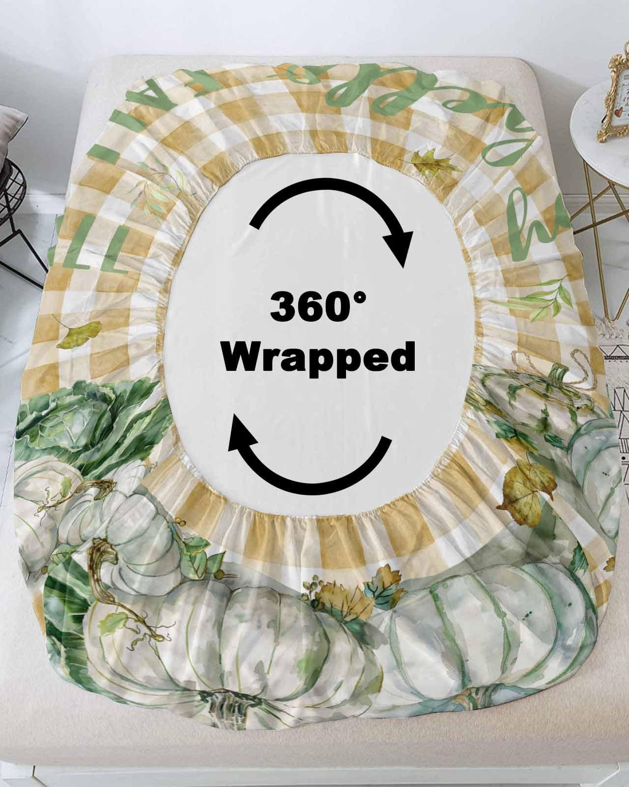 Perdecor Queen Fitted Bed Sheets Fall Thanksgiving Farm Vegetables Brushed Fitted Sheet with Deep Pocket,Soft Microfiber Breathable Bottom Sheet with Pillowcases,Pumpkin Cabbage Country Plaid Bedding Sheet