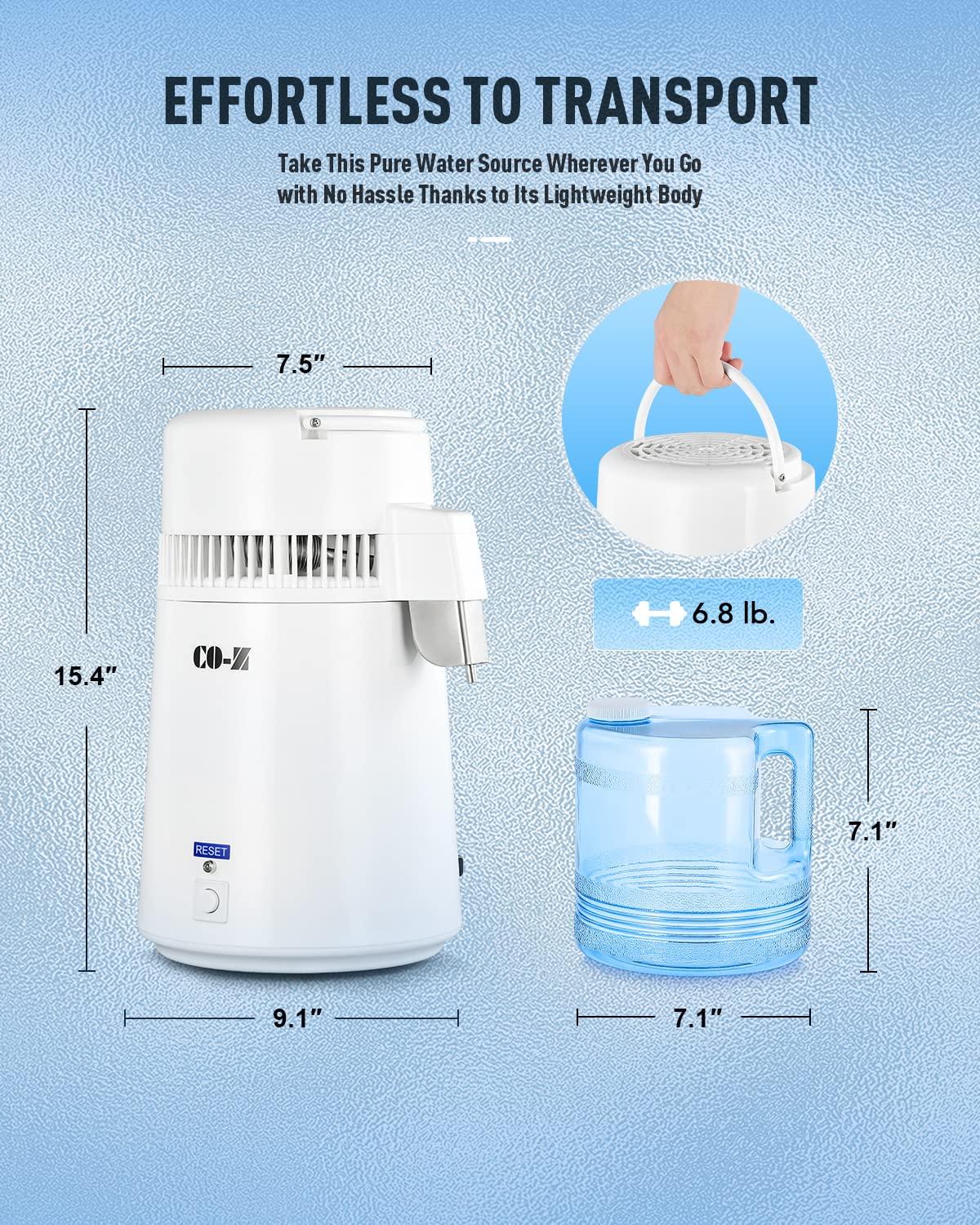 CO-Z CO-Z 1.1 Gallon Water Distiller with Handle, 750W Countertop Home 4L Distilled Clean Water Maker Office Countertop Distiller Water Making Machine, Distill Distilling Water Purifier Distillers