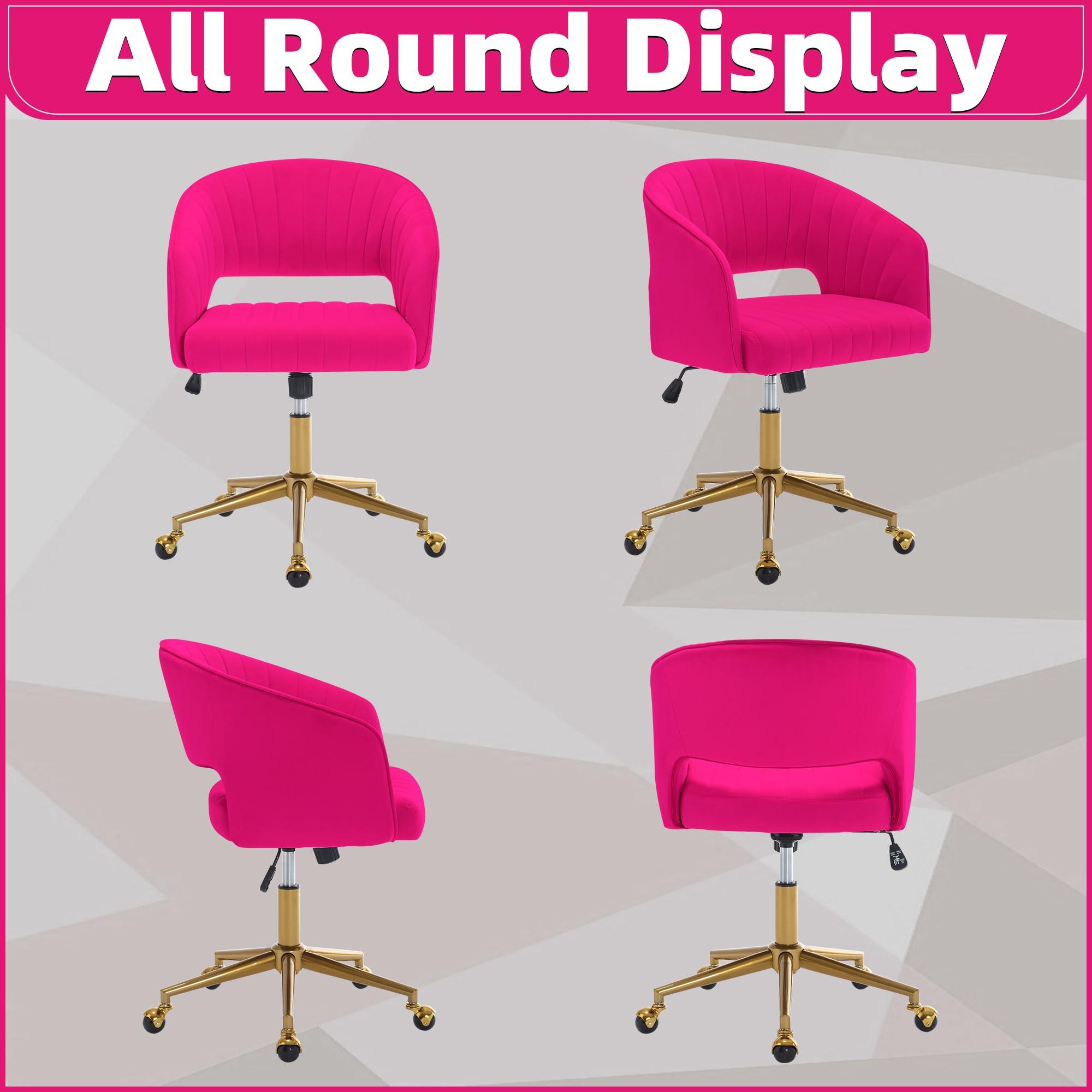 ABET ABET Desk Chair with Wheels, Velvet Home Office Chair, Swivel Armchair Gold Base, Upholstered Modern Accent Chairs, Back Incline Adjustable for Living Room Bedroom Vanity, Hot Pink