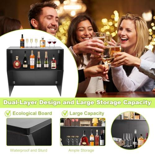 Akynjtbca Akynjtbca Bar Table Cabinet 42\" Tall Portable Event Bar, Farmhouse Coffee Bar Cabinet with Top and Middle Shelves, Foldable Bartender Station for Home&Parties (Black + Black Aluminum Cladding)