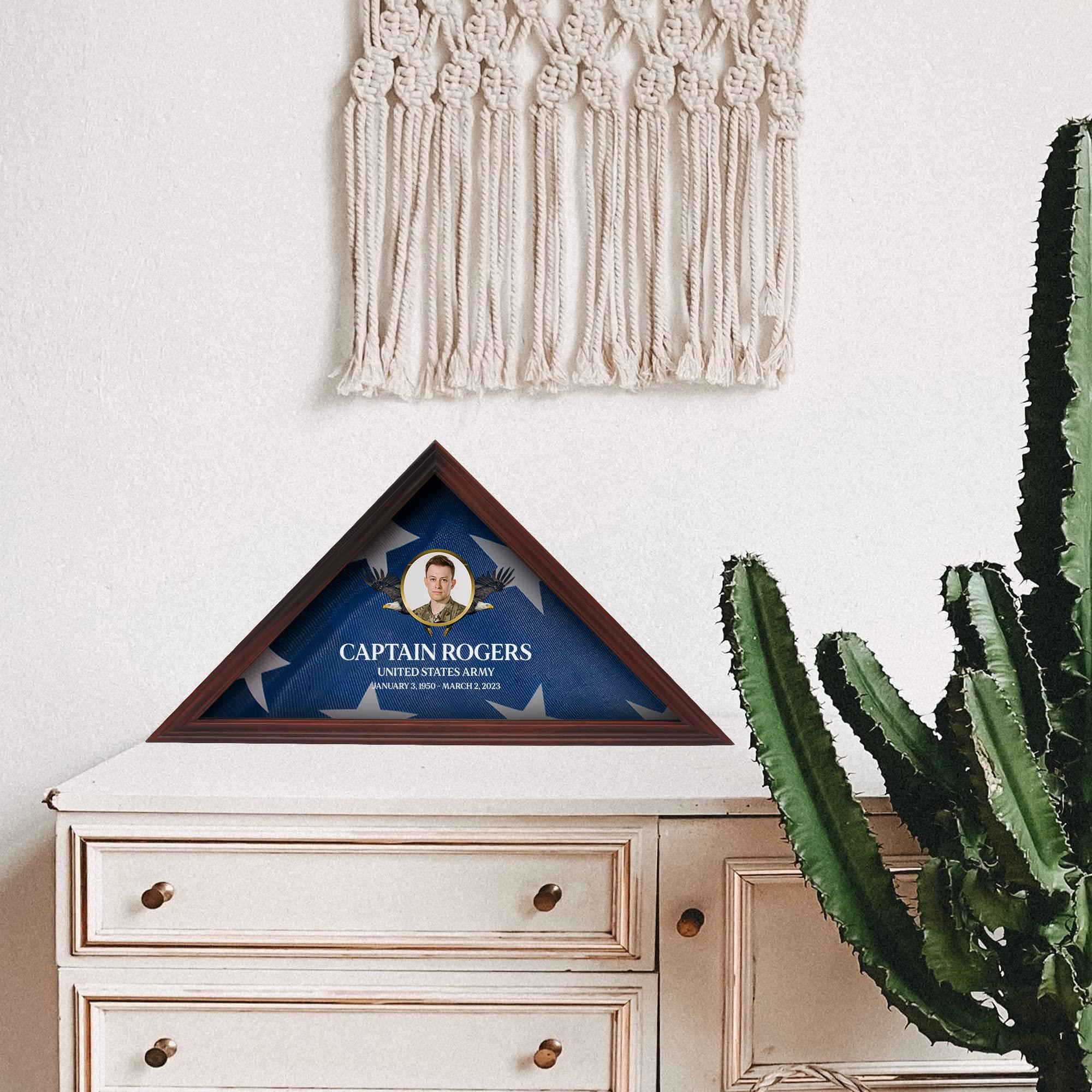 Basic Fundamentals Solid Wood Personalized Flag Box for American Veteran Flag, 9.5 X 5 Feet Full Color, UV Printed Display Case for Burial Flag, Flag Box Display Case with Glass Front for Folded Flag, Cherry (Design 5)